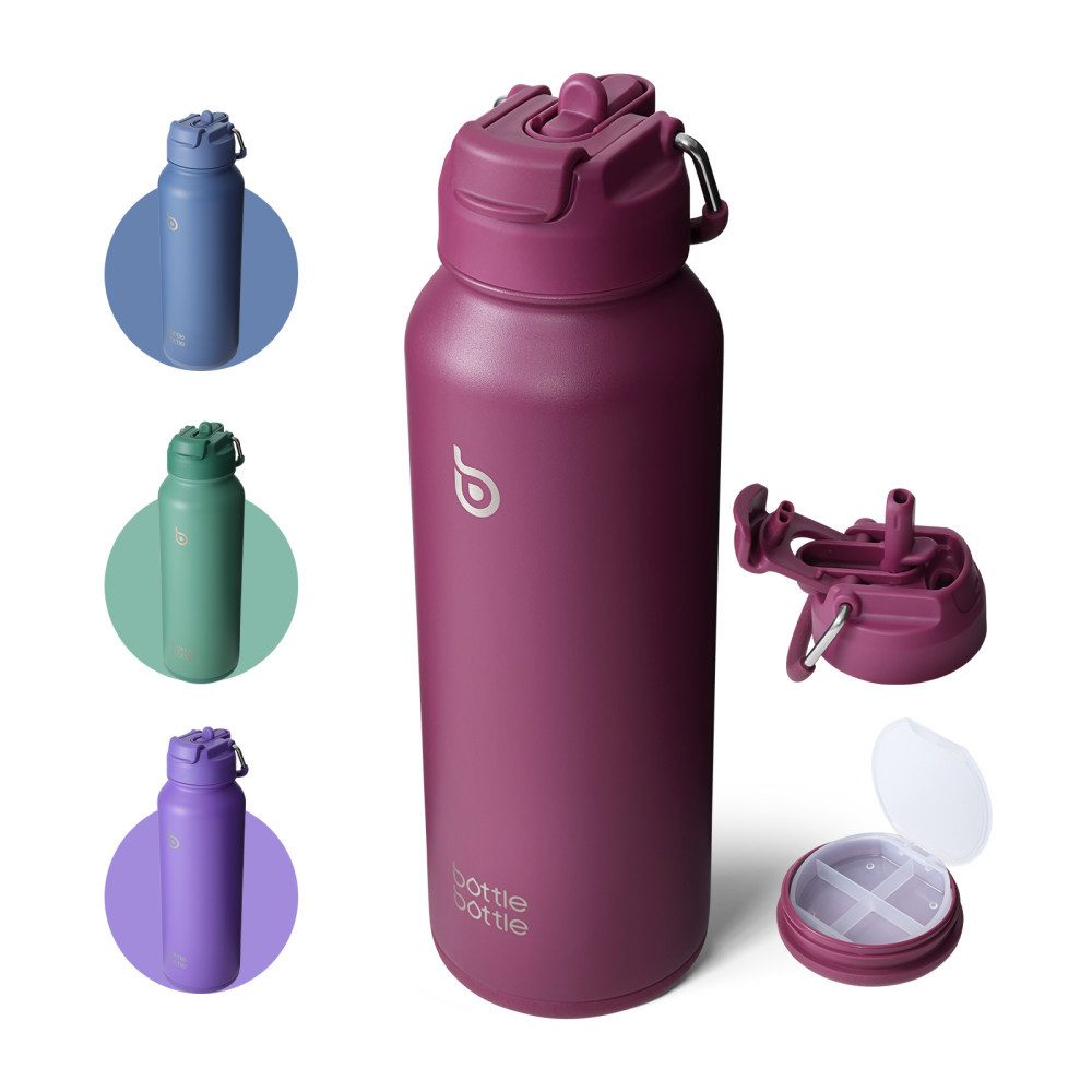 BOTTLE BOTTLE Trinkflasche Sport-Trinkflasche, Edelstahl, isoliert, mit Strohhalm und Pillenhalter, 1L