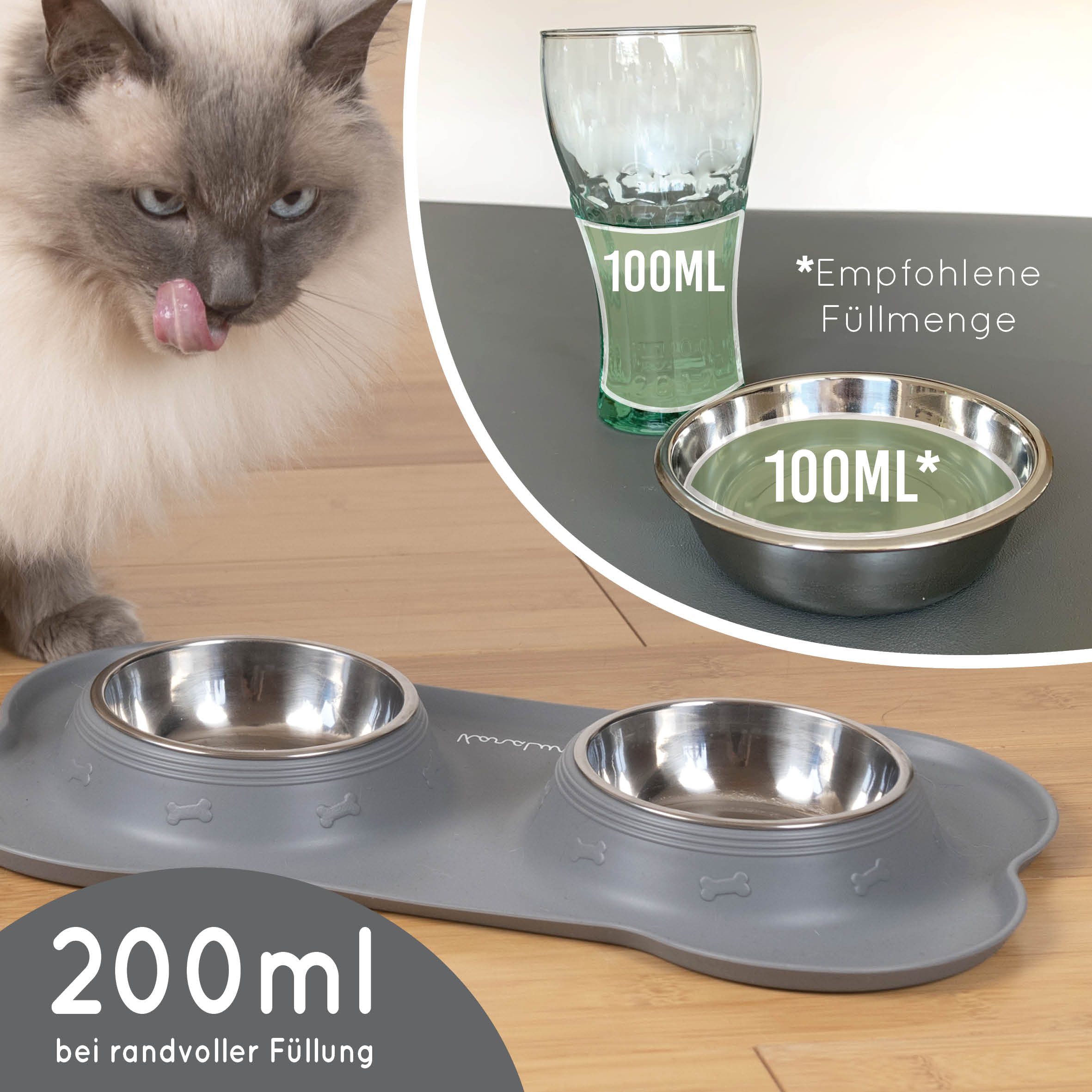 KaraLuna Futternapf Silikon Napfunterlage mit Edelstahl Näpfen I Hundenapf Katzennapf, Edelstahl