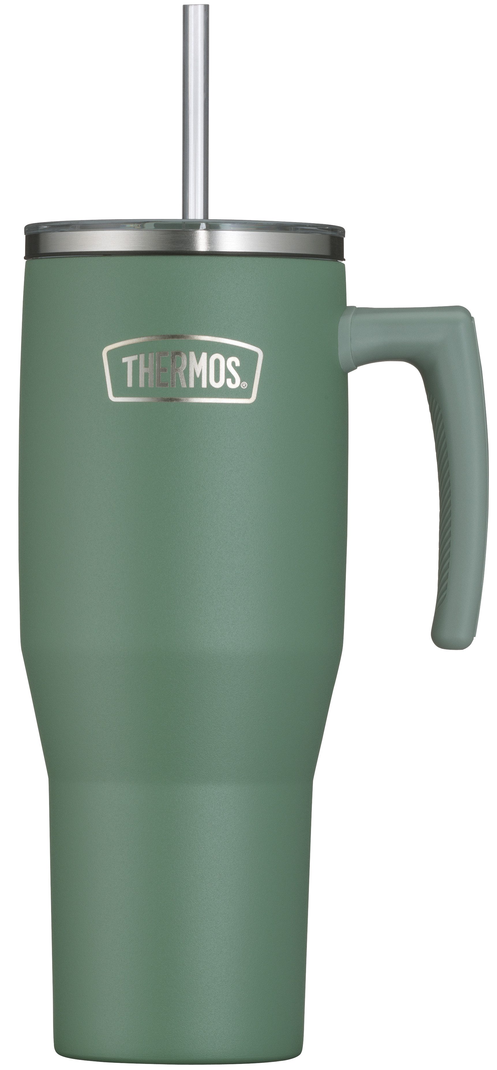 THERMOS Thermobecher REFRESHING SERIES ISOLIERTRINKBECHER mit Strohhalm, Edelstahl, Kunststoff, Silikon, Titan, 1,10l, 6h heiß & 6h kalt, mit Griff