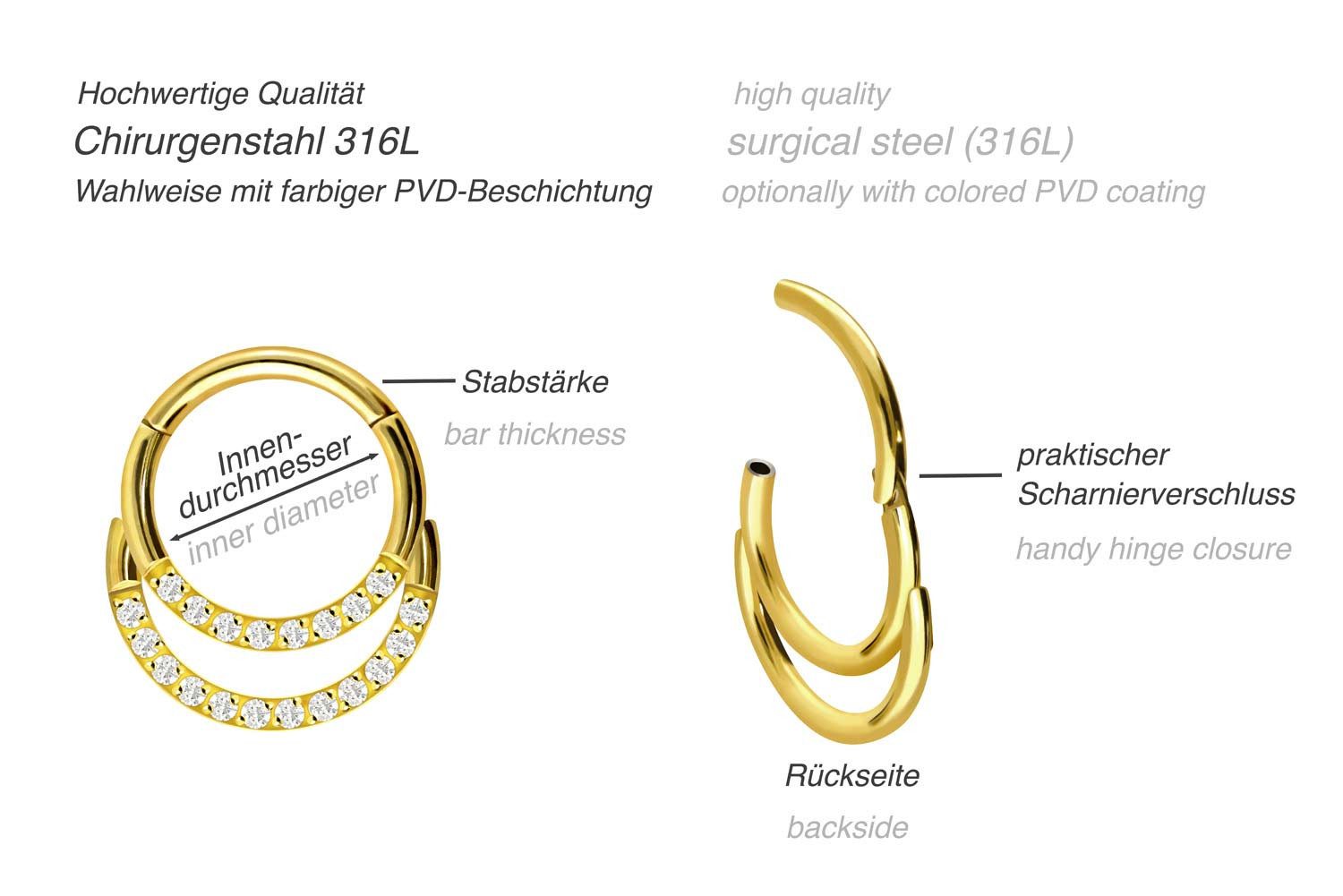 PIERCINGLINE Nasenpiercing Chirurgenstahl Segmentring Clicker 2 RINGE + EINGEFASSTE KRISTALLE (Clicker, 1-tlg), Ohrpiercing für Conch, Helix, Tragus, Daith, Lobe