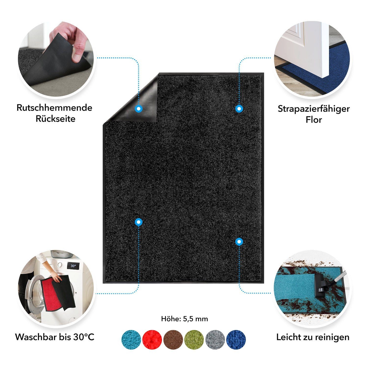 Floordirekt, Schmutzfangmatte Viele & Fixgrößen, Größen, Monochrom mm 7 Höhe: Fußmatte Schwarz Farben