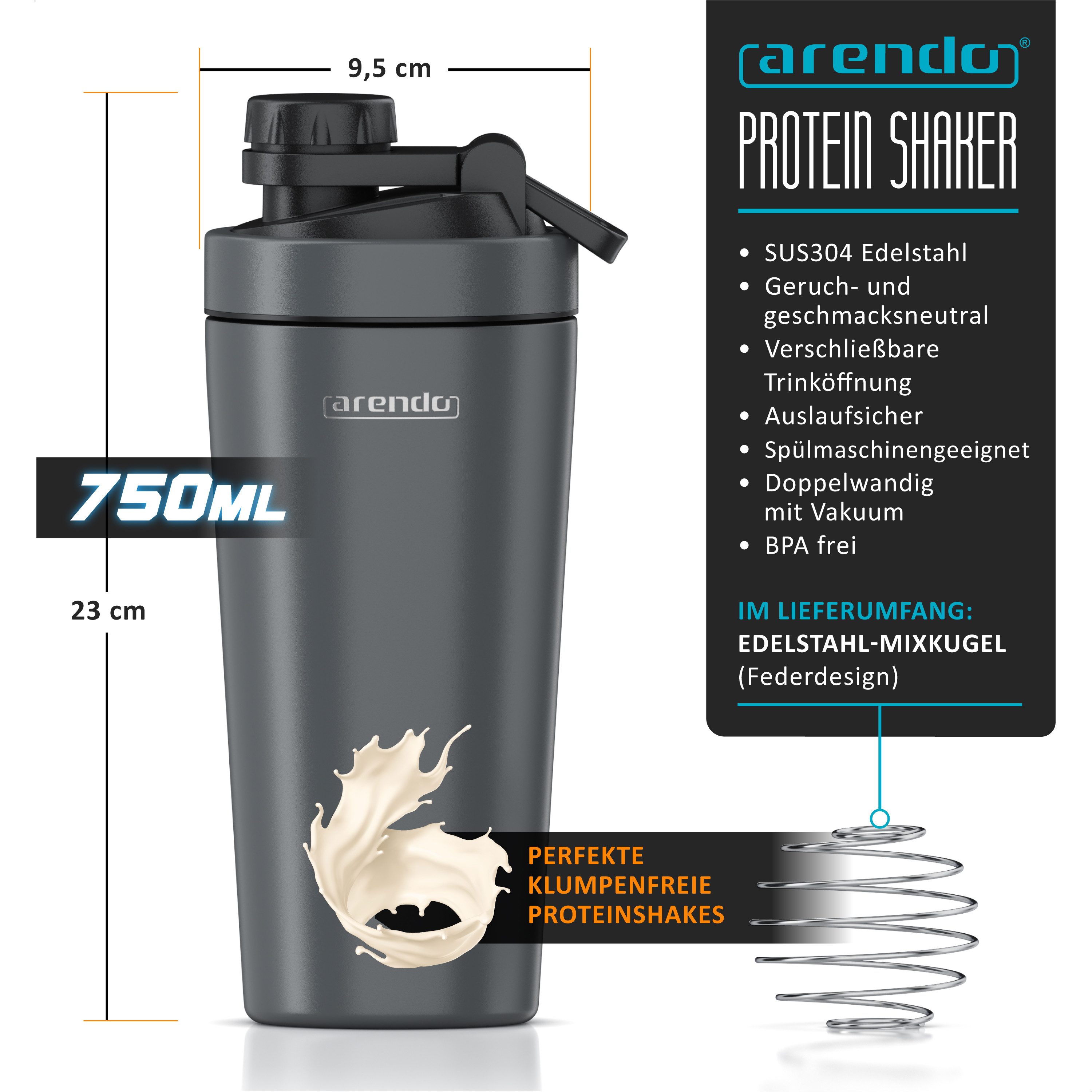 Arendo Protein Shaker Edelstahl Eiweißshaker 750 ml, verschließbar, bruchfest, BPA-frei, Edelstahl, auslaufsicher, spülmaschinengeeignet, mit Tragegriff und Mixball
