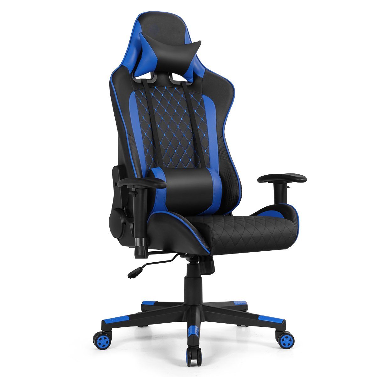 COSTWAY Gaming-Stuhl, schwarz, Kopf- & Lendenwirbelstütze blau mit höhenverstellbar