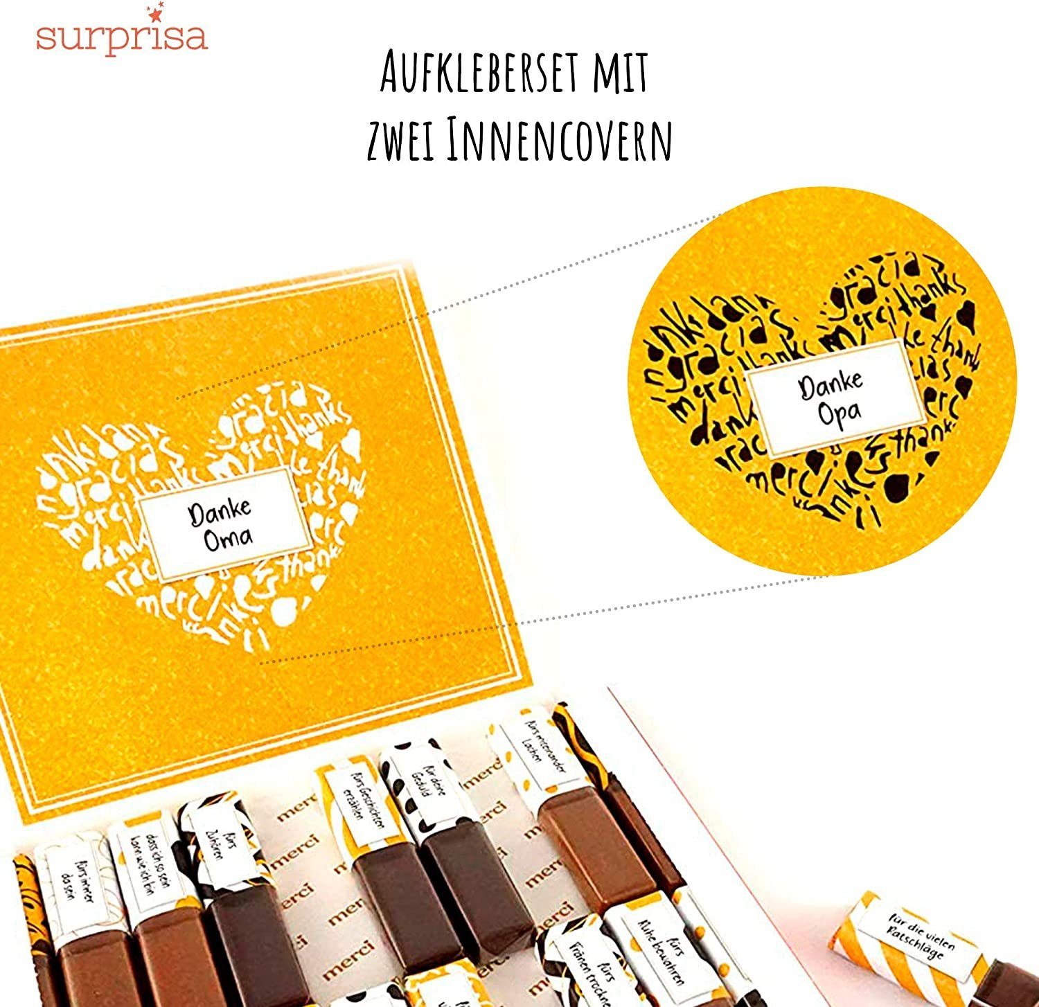 SURPRISA Aufkleber Set 'Danke' für Merci Schokolade, individuelles Geschenk, um Danke zu sagen