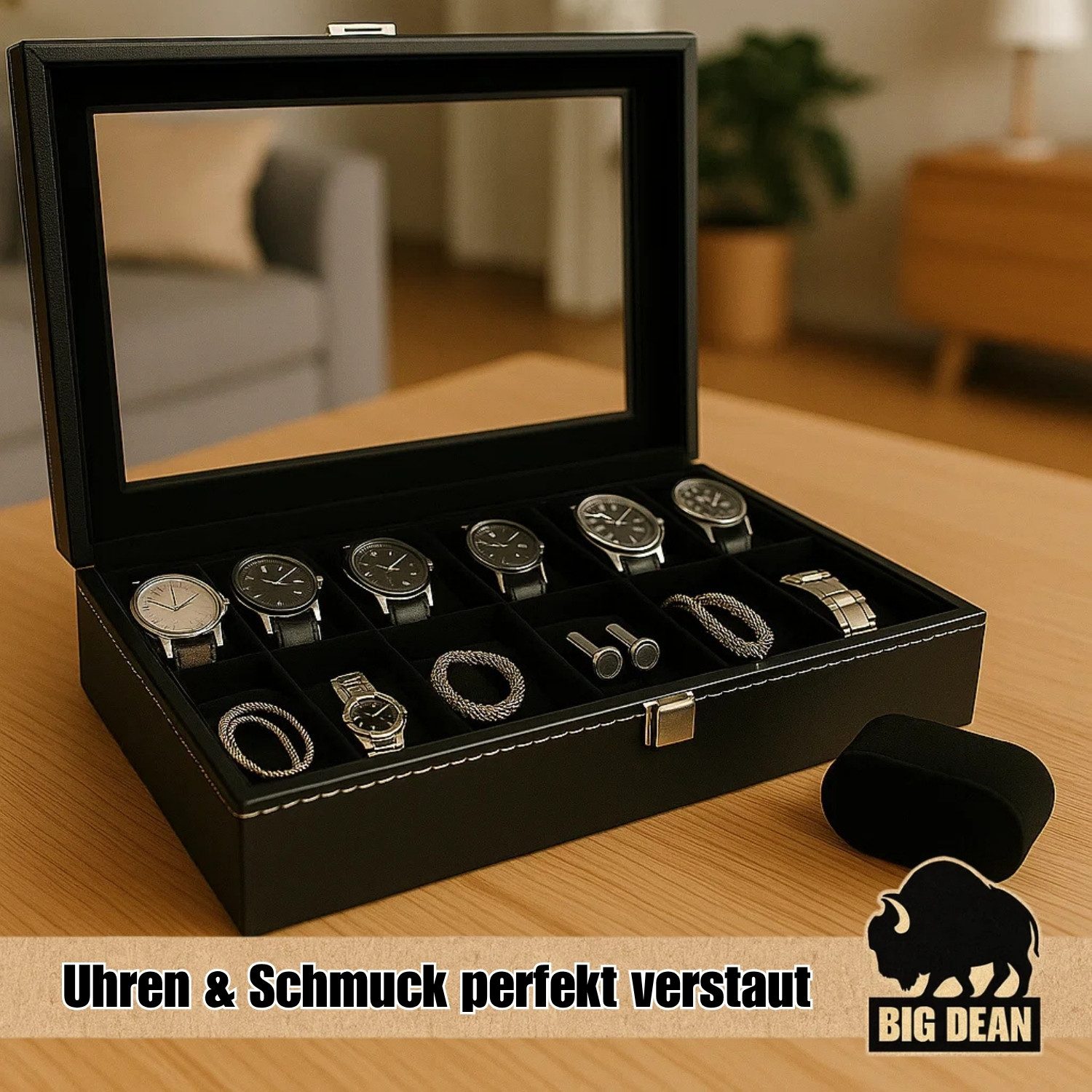 BigDean Uhrenbox für 12 Uhren Glasdeckel - schicke Uhrenbox Herren Watch Box (Packung, 1 St., Uhrenbox), Edle Optik, Kunstleder, Sammler, Samtfutter