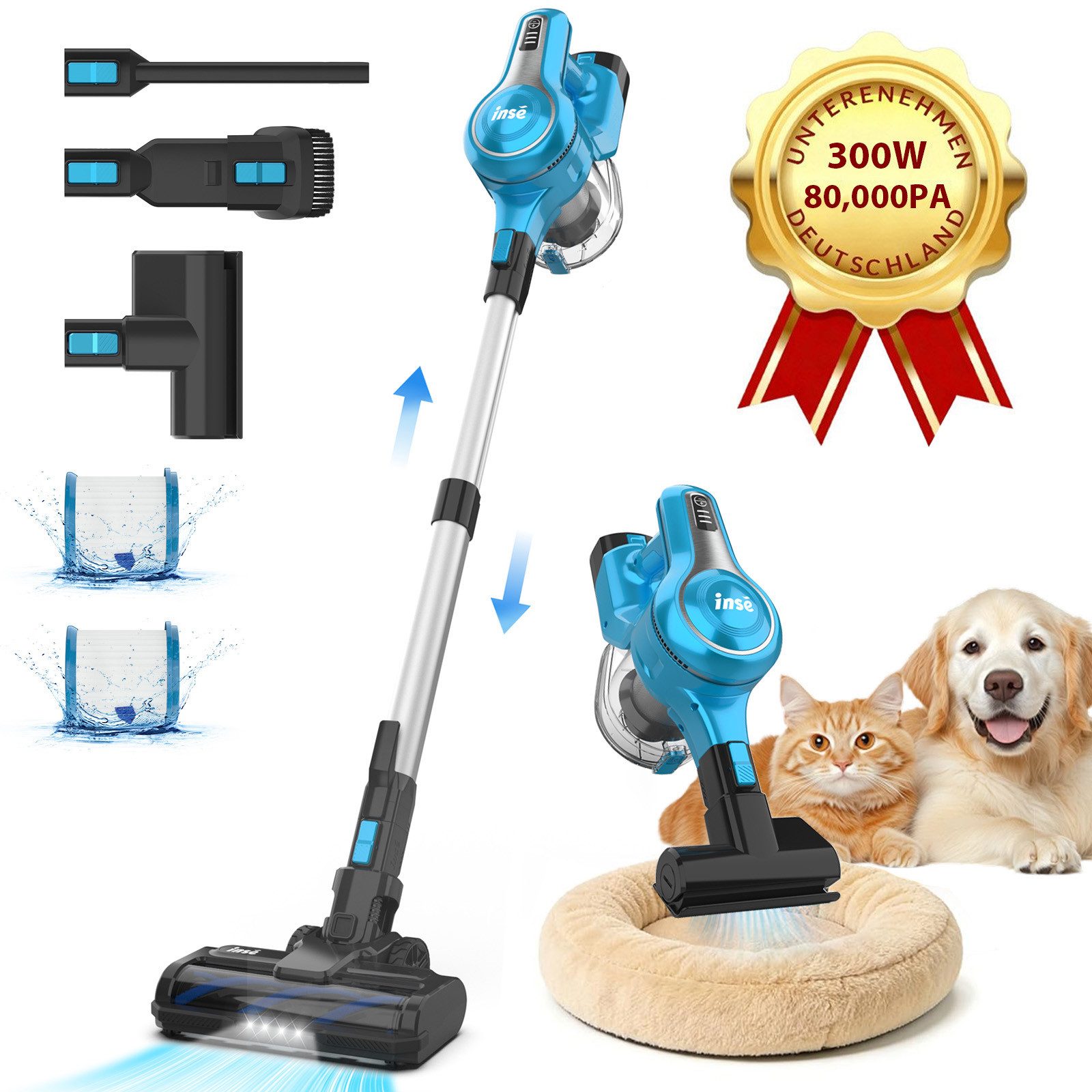 INSE Akku-Hand-und Stielstaubsauger Akku Staubsauger 80000Pa/300W/50Min, 1.8 L Staubsauger Kabellos, mit Beutel, 50dB leise/5-Stufen-Filter/LED Display, Ideal für Böden/Teppiche/Auto