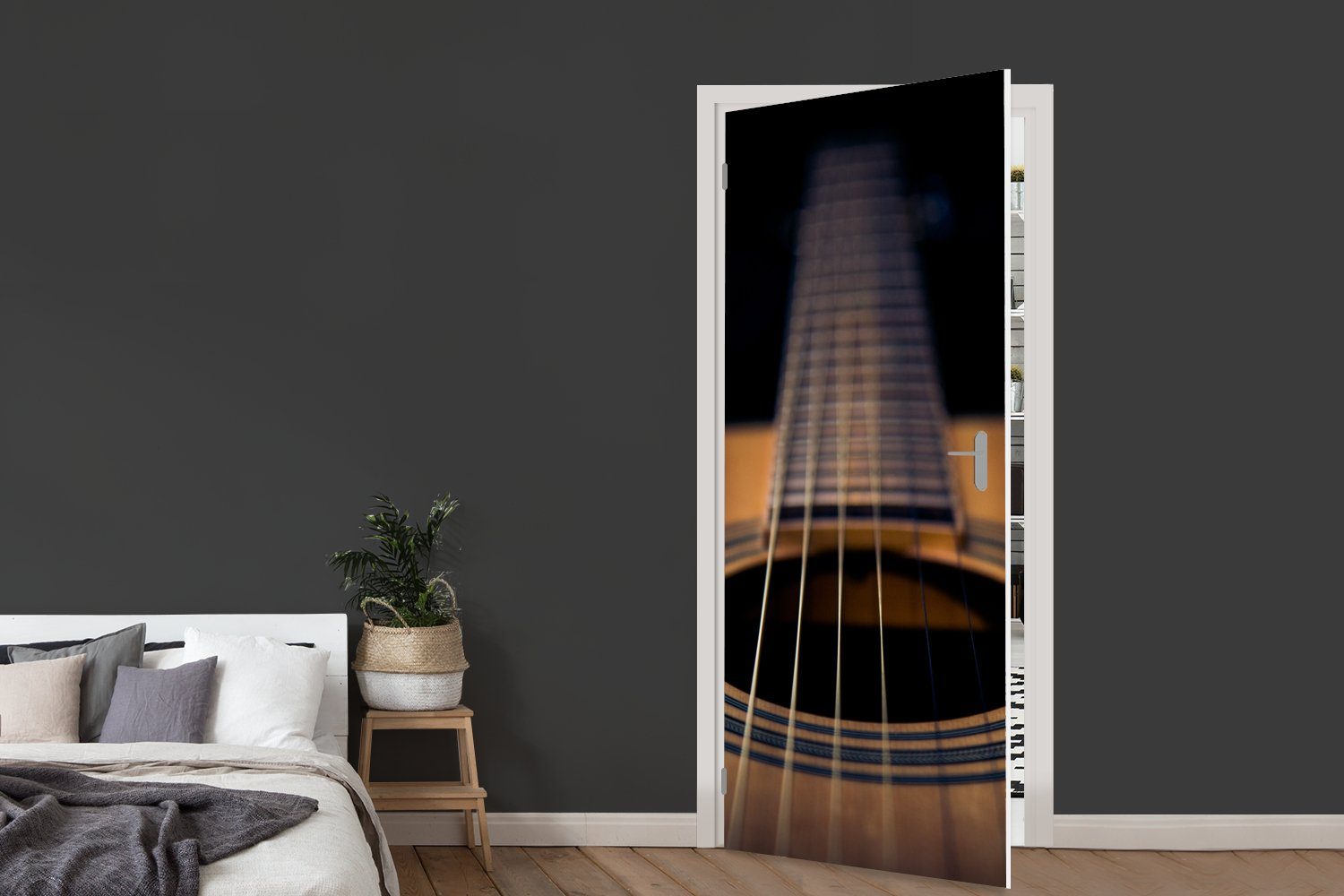 75x205 Türtapete Tür, einer akustischen Türaufkleber, Hintergrund, MuchoWow Matt, auf cm (1 Gitarre schwarzem bedruckt, St), Fototapete Nahaufnahme für