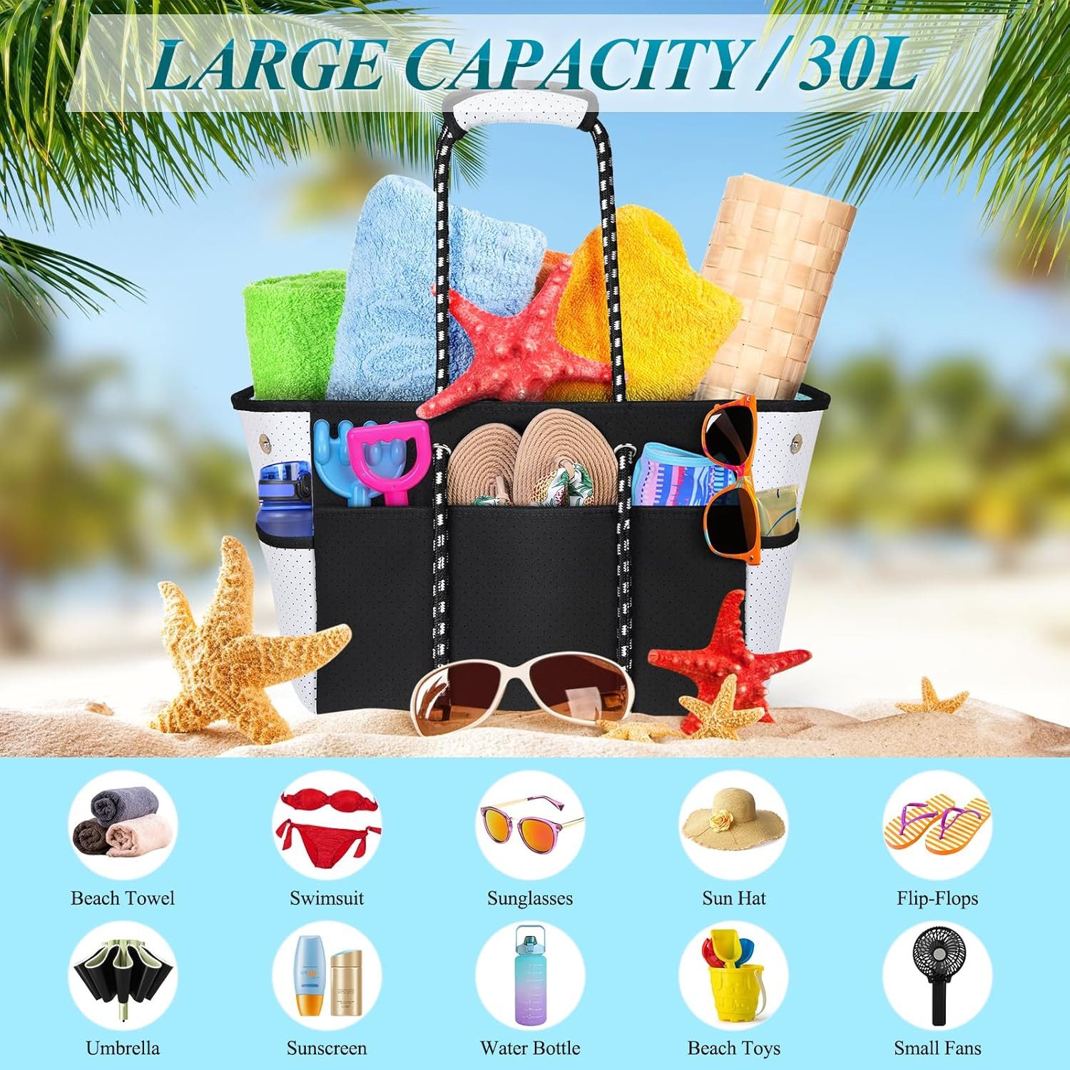 RAINSMORE XL-Strandtasche Strandtasche XXL 30L Neopren Badetasche Damen Mehrzweck Pool (Strandtasche 30L multifunktional Badetasche Damen Reise Shopper, 30L Strandtasche inkl. Organizerfächer für Damen Strand), Abnehmbares Bodenbrett Schnell trocknend