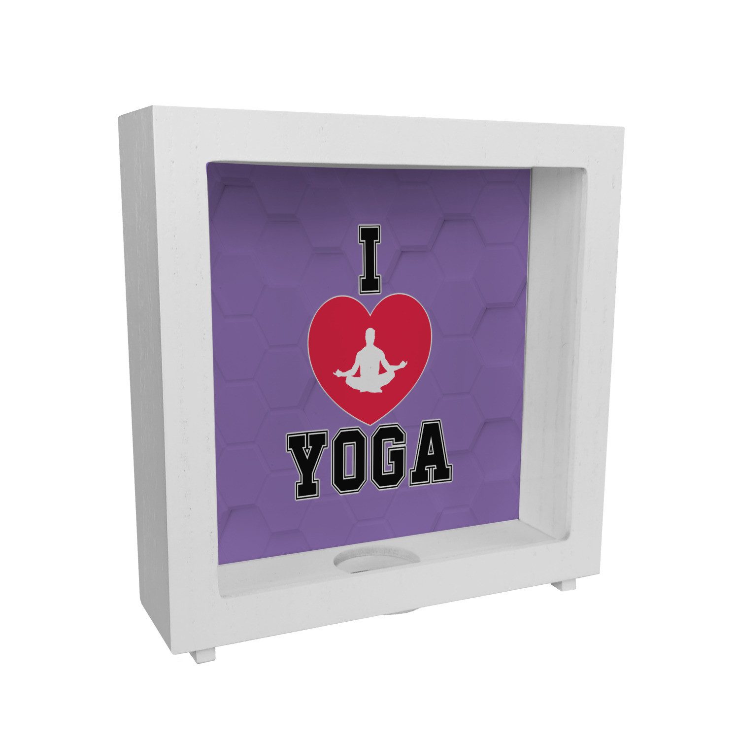 Spardose I love Yoga Rahmen Spardose aus Holz in Lila für Yogalehrer