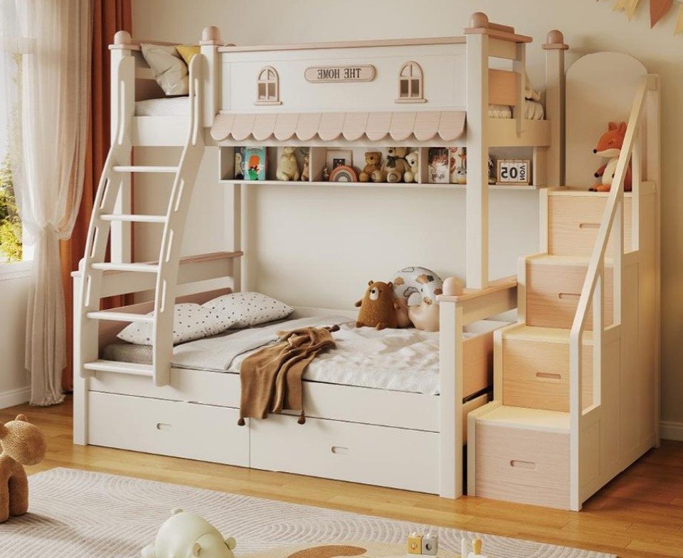 Xlmoebel Etagenbett XLMOEBEL Stockbett Beige aus Holz mit Schubladen und Stufen (Etagenbett, 1-St., Stockbett mit Schubladen), Made in Europa