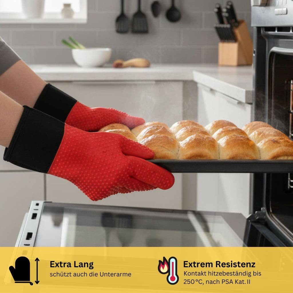 Fire Stone Grillhandschuhe, Silikon Ofenhandschuhe, 1 Paar, hitzebeständig bis 250°C, mit Fingern, 34x20 cm