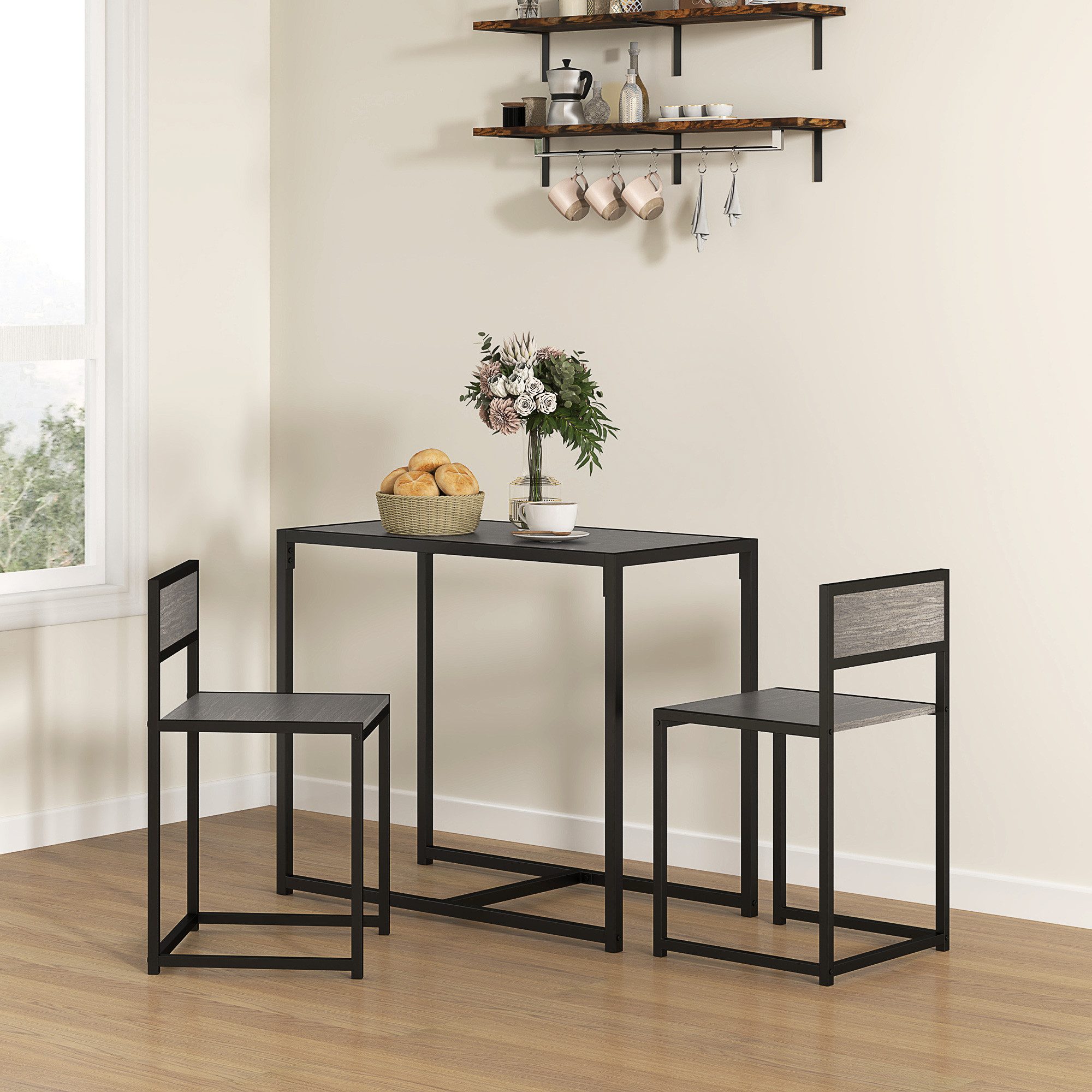 HOMCOM Essgruppe Esstisch mit 2 Stühlen Platzsparend Küchentisch-Set, (Esstisch mit 2 Stühlen, 3-tlg., Platzsparend Esszimmergruppe), für Esszimmer, Küche Grau