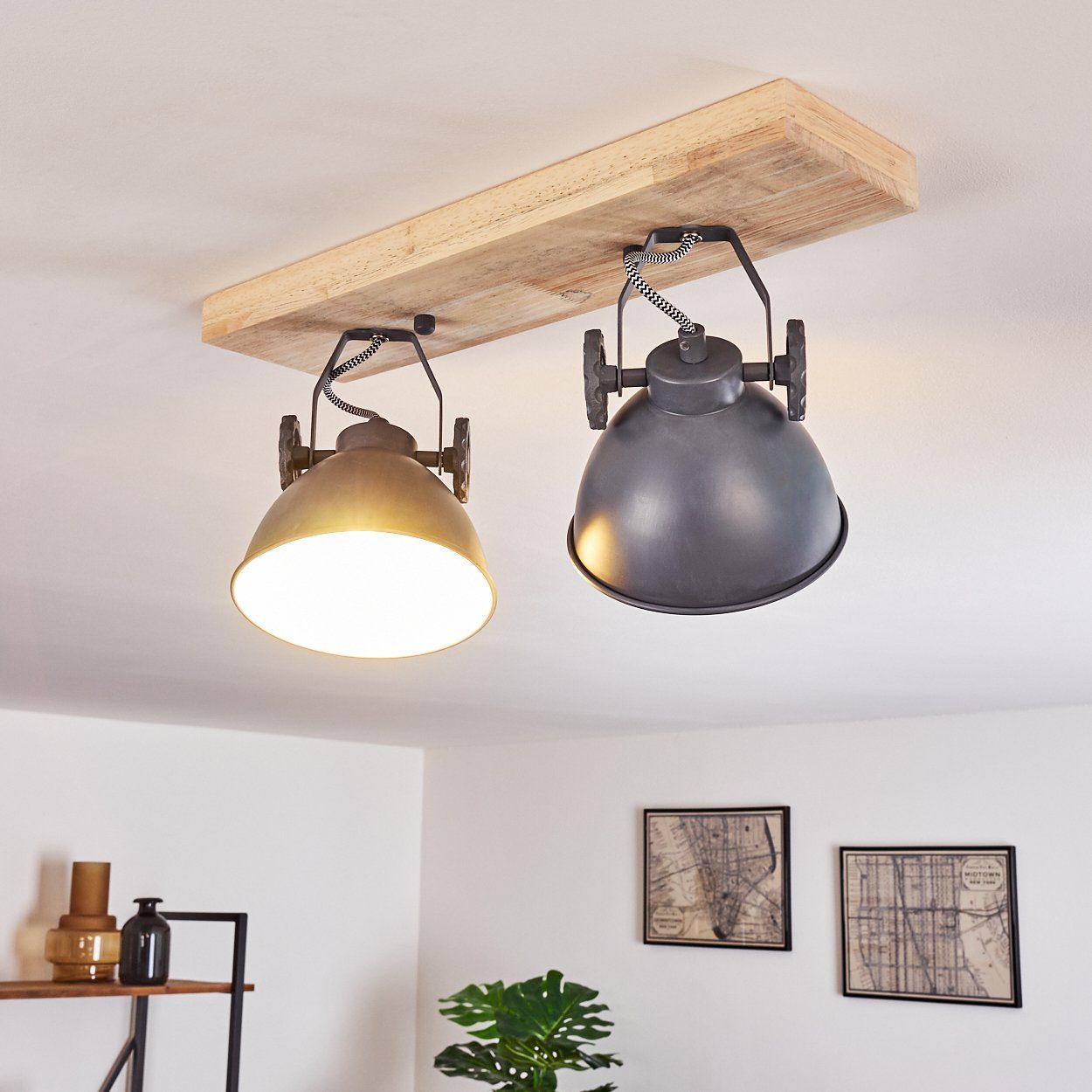 hofstein Deckenleuchte »Mot« Deckenlampe aus Metall/Holz in Blau-Grau/Natur, ohne Leuchtmittel, mit verstellbaren Strahlern, 2xE14, Retro/Vinatge Design
