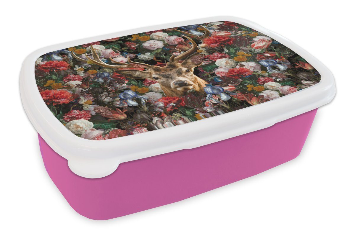 MuchoWow Lunchbox Hirsche - Geweihe - Blumen, Kunststoff, (2-tlg), Brotbox für Erwachsene, Brotdose Kinder, Snackbox, Mädchen, Kunststoff rosa
