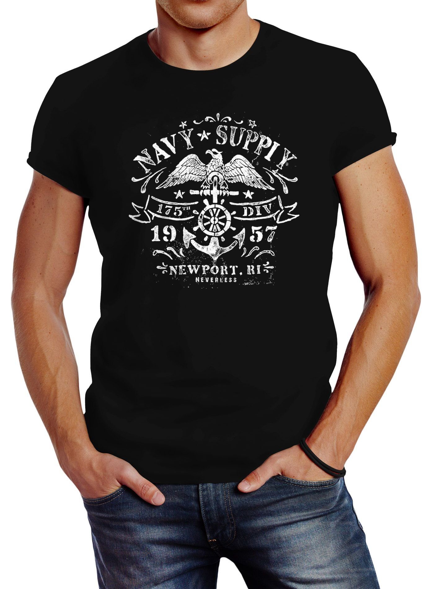 Neverless Print-Shirt Herren T-Shirt Maritimes mit Fit Slim Motiv Adler Neverless® Print Anker