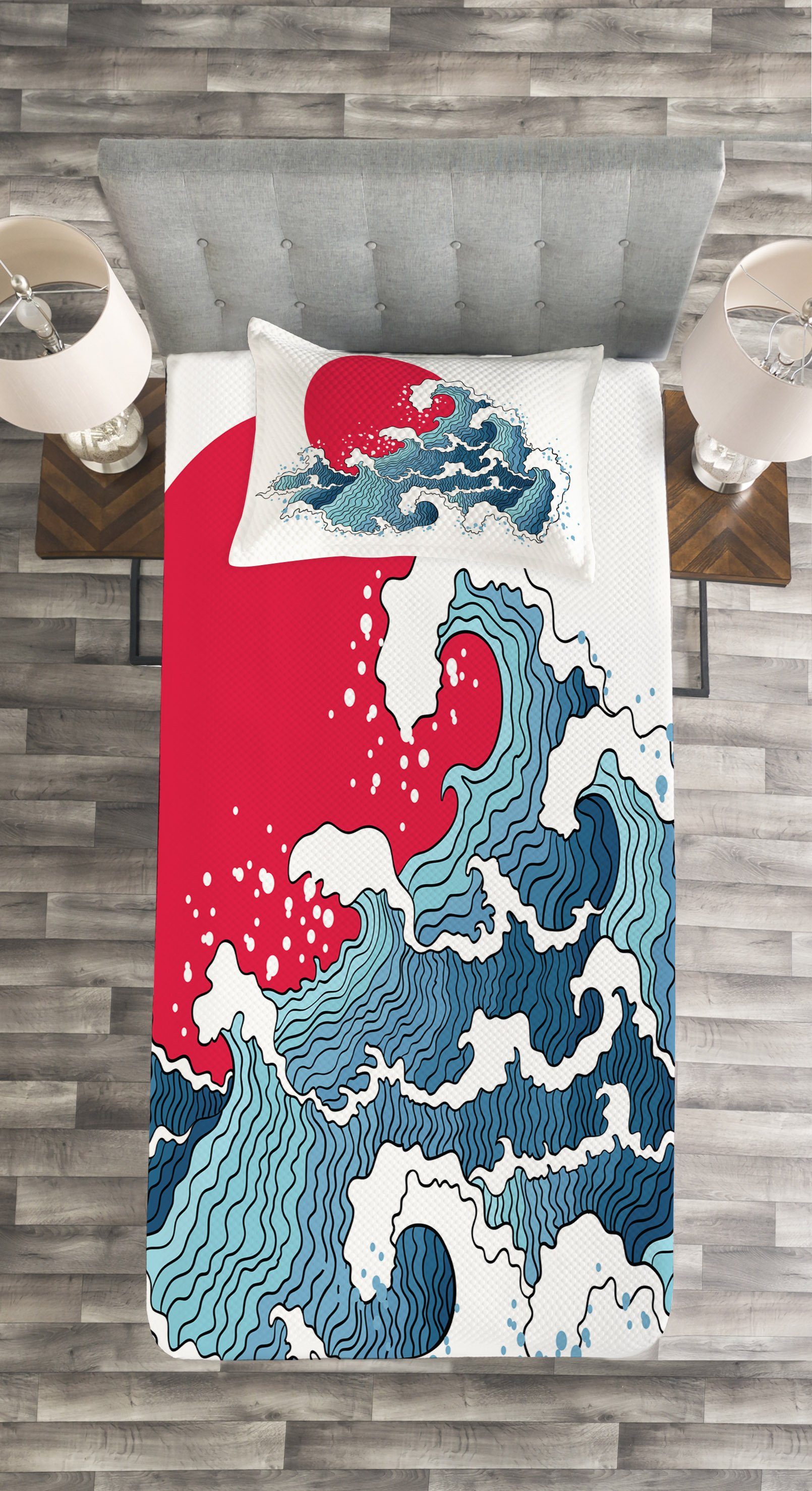 Tagesdecke Set mit wave-Illustration Abakuhaus, Waschbar, japanisch Kissenbezügen