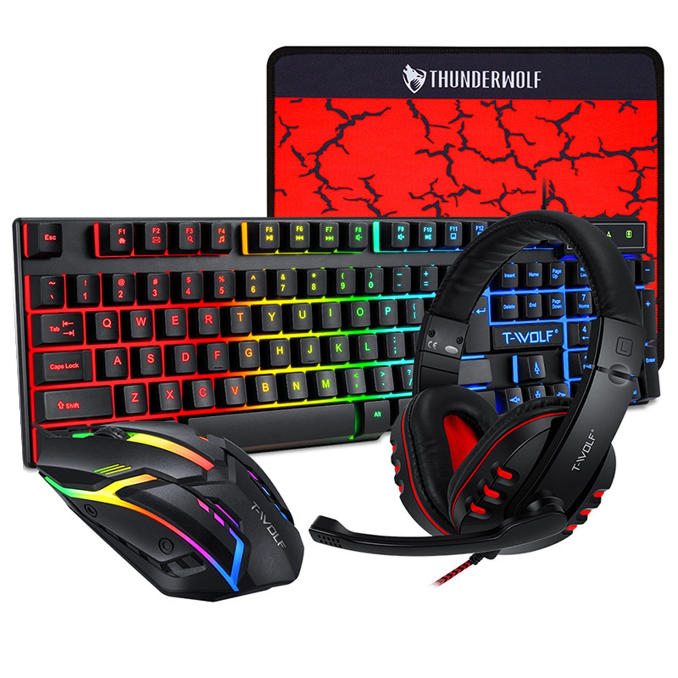 KINSI 4-in-1 Gaming-Set - 104-Tasten Tastatur, Maus, Kopfhörer & Mauspad Tastatur-, Maus- und Mauspad-Set, RGB Beleuchtung,Komplett-Set für PC & Laptop