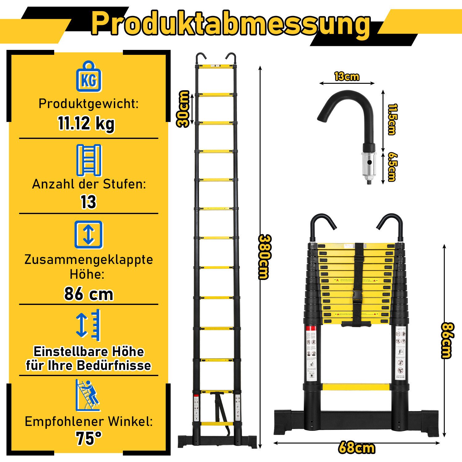 Clanmacy Teleskopleiter Premium Alu Teleskopleiter Ausziehleiter mit Stabilisator Höhe 3,8M (Teleskopleiter,Anlegeleiter,Klappleiter,Schiebeleiter, Hochleistung – Bild 2 von 5