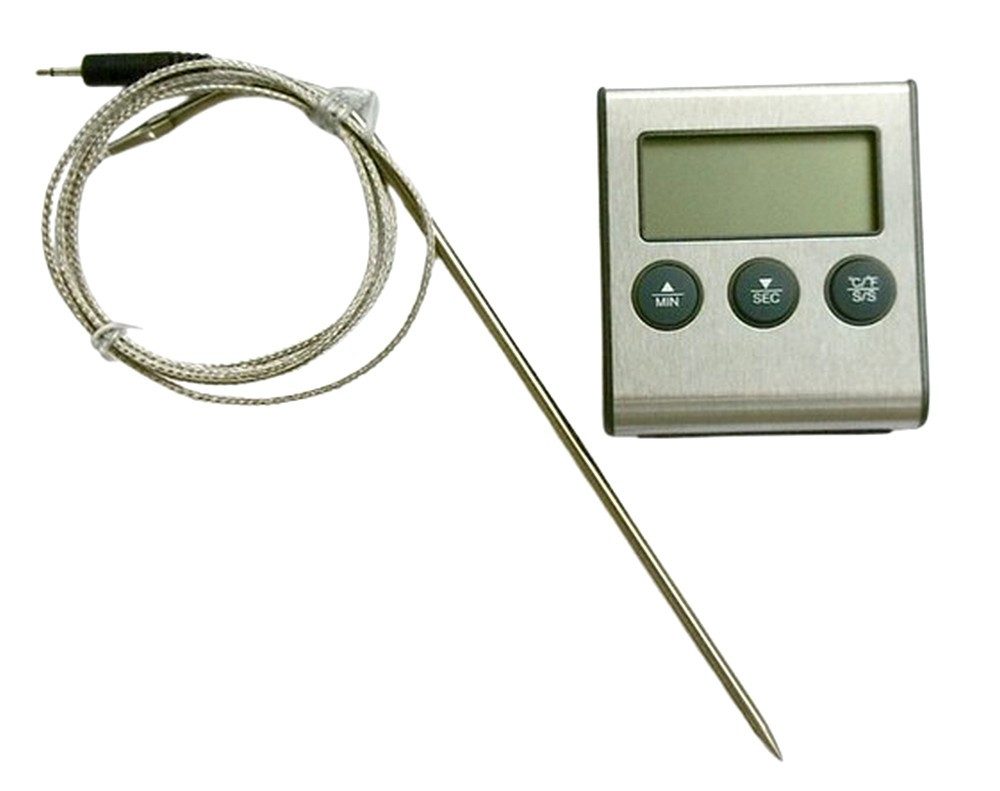 DIW Bratenthermometer Fleisch Braten Thermometer ET921 bis 250°C hitzefest, Packung, Komplettset, Einstichfühler, Kochmodus mit Alarm, Timer