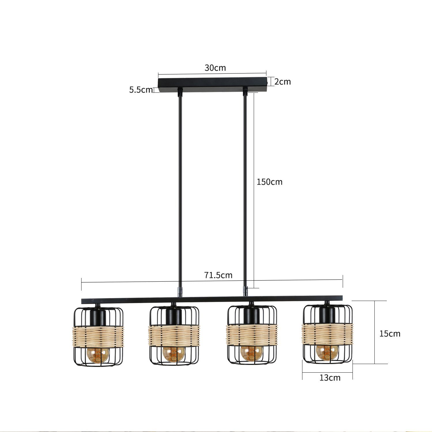 ohne Esstischlampe Leuchtmittel, Flammig,rechteckig Schwarz, ZMH Vintage Pendelleuchte E27 4 Deckenpannel Pendellampe