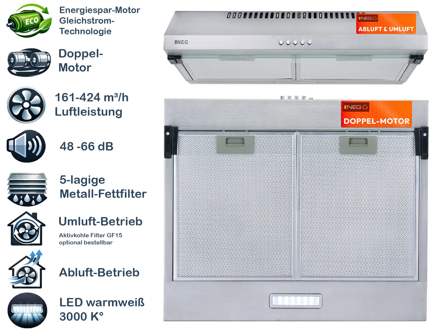 NEG Unterbauhaube NEG15-DC+ Doppelmotor 424 m³/h Abluft & Umluft 2 Anschlüsse für Abluft Serie NEG15-DCS NEG15-DC+ Doppelmotor 424 m³/h Abluft & Umluft 2 Anschlüsse für Abluft, Gleichstrom Doppelmotor 424m³/h Luftleistung