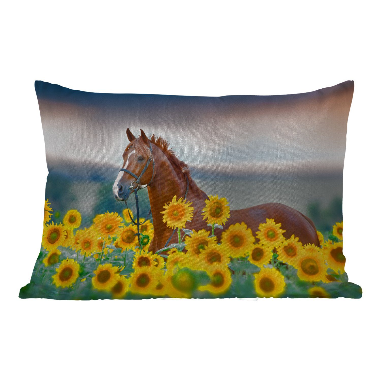 MuchoWow Dekokissen Pferd - Sonnenblume Himmel Kissenhülle Pastell, Polyester, - - Dekokissenbezug, Outdoor-Dekorationskissen