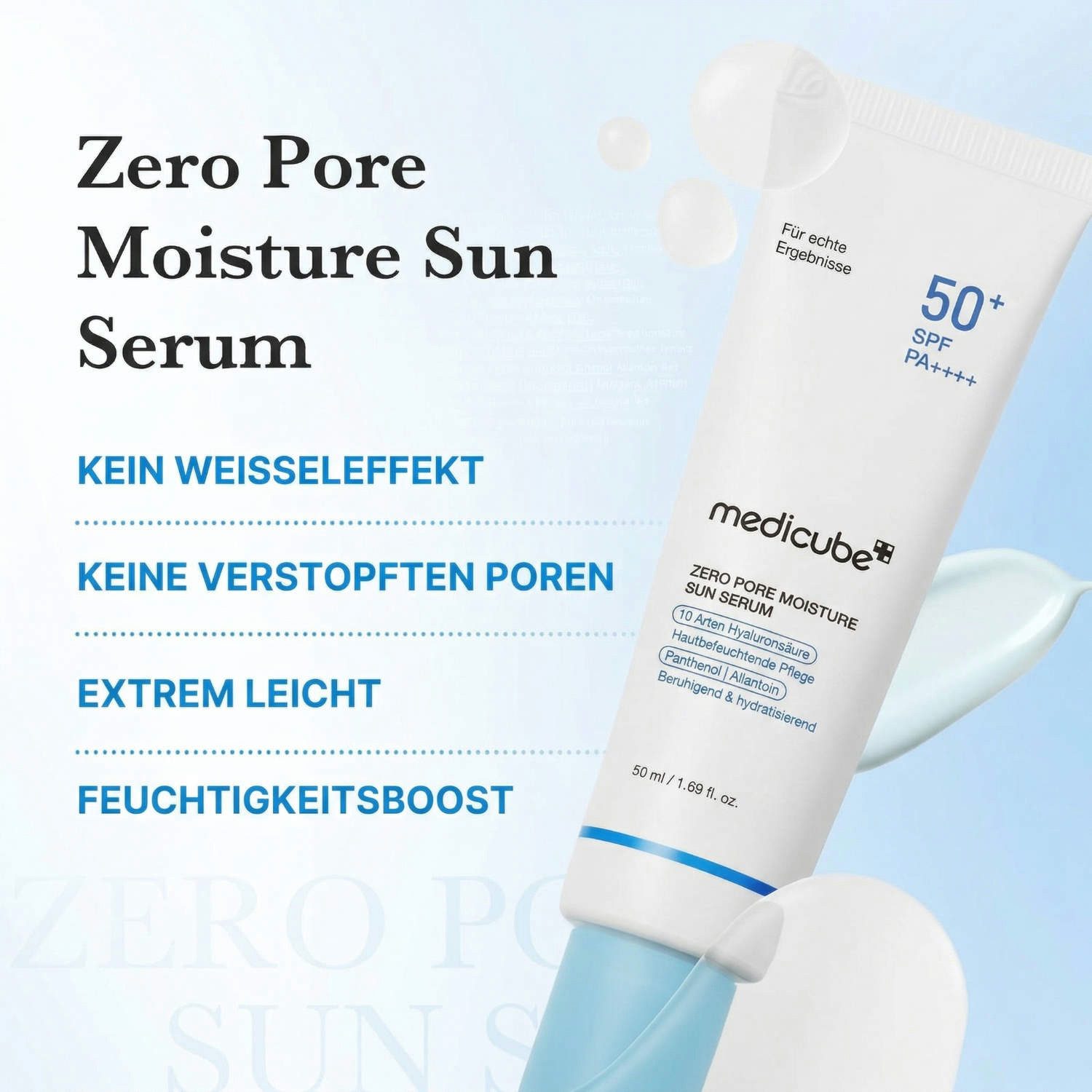 Medicube Sonnenschutzcreme Zero Pore Moisture Sun Serum SPF 50+ PA++++ 50 ml, Korean Skincare, Sonnenserum mit 10x Hyaluronsäure, Panthenol & Allantoin –, Leichter Sonnenschutz für fettige & Mischhaut