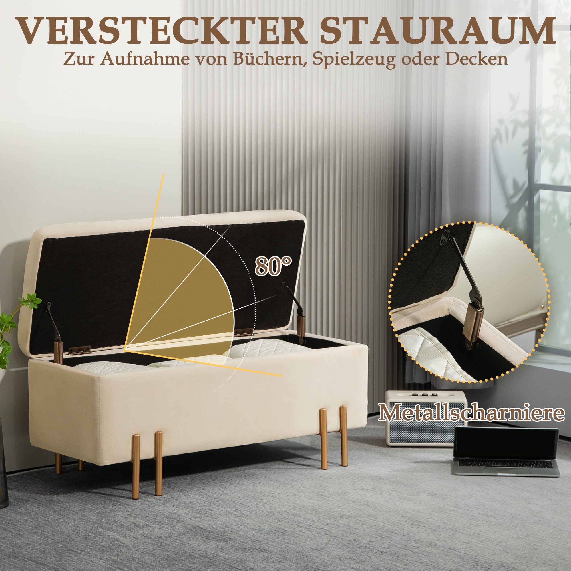 furnicato Polsterbank Beige Sitztruhe 100B x 40T x 42H cm mit Stauraum (1-St), Samtige Sitzbank mit klappbarem Deckel für Flur oder Schlafzimmer