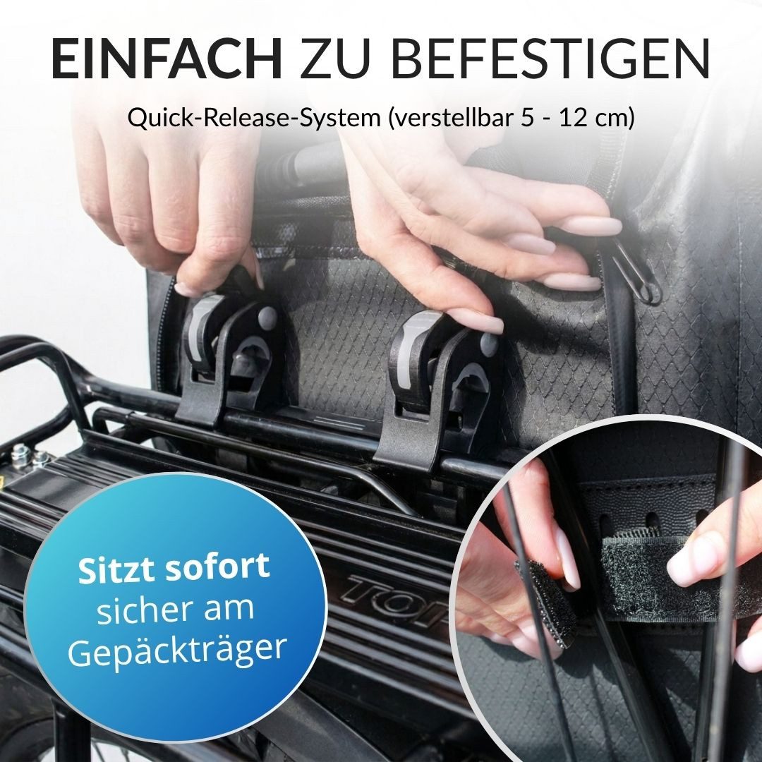 Bronea Fahrradtasche 3-in-1 Wasserdicht - 28L - SCHWARZ - Kombi Rucksack & Umhängetasche (Schnellmontage an Gepäckträger, integrierte Laptoptasche), Diamond-Struktur Laptoptasche 100% Wasserdicht Reflektierende Elemente