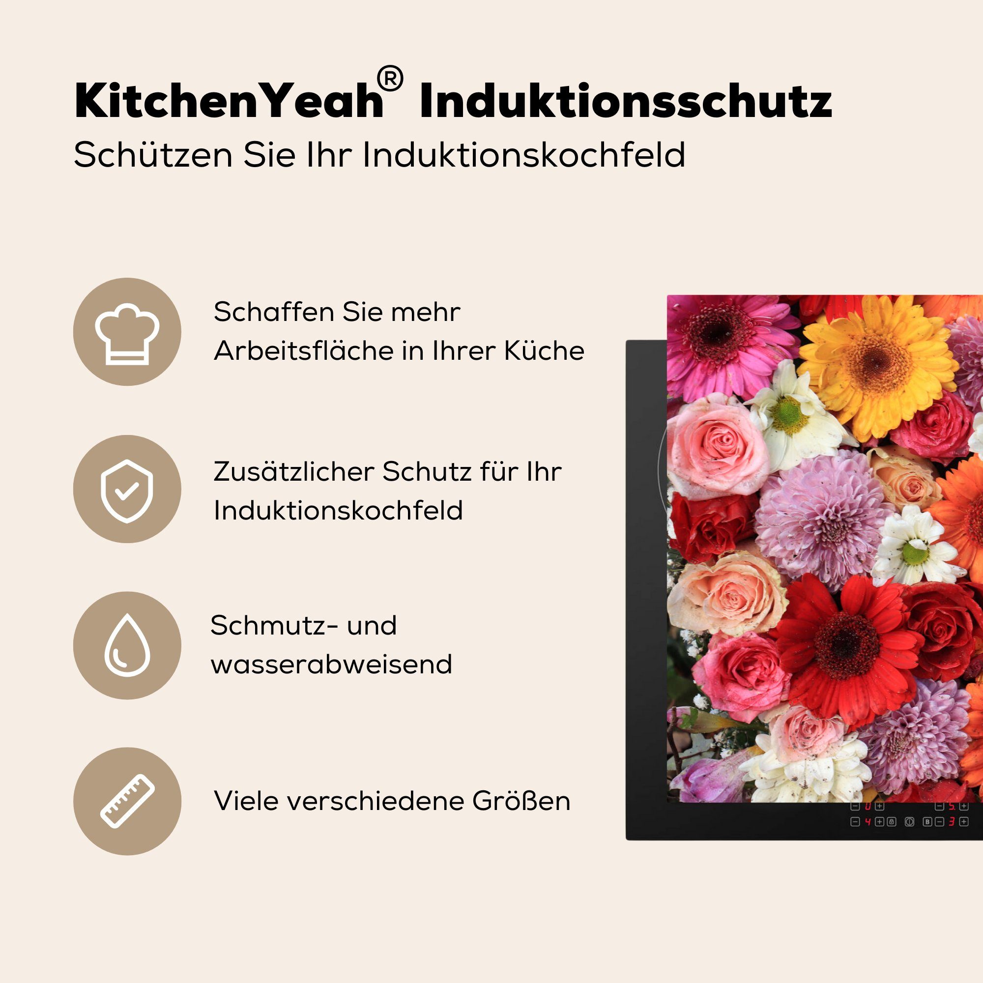 Vinyl, Schutz Rosen, Gerbera tlg), für Herdblende-/Abdeckplatte Ceranfeldabdeckung MuchoWow Farben - (1 die - - 81x52 cm, küche, Blumen Induktionskochfeld