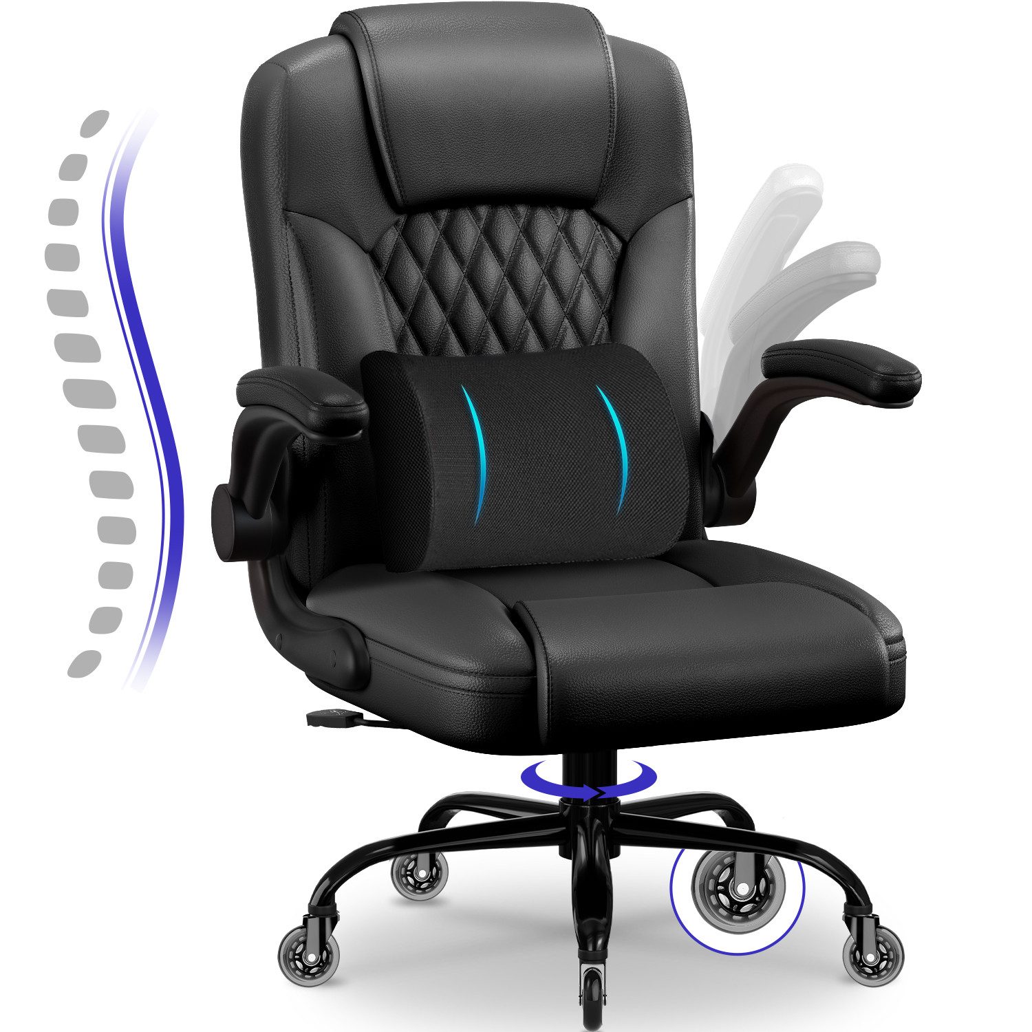 Fukstern Bürostuhl Ergonomischer Bürostuhl mit 90° klappbaren Armlehnen (Atmungsaktiver Mesh-Bezug, Rücken- und Taillenstütze, Neigung fixierbar bei 90° (maximal kippbar bis 120), bis 150 kg belastbar