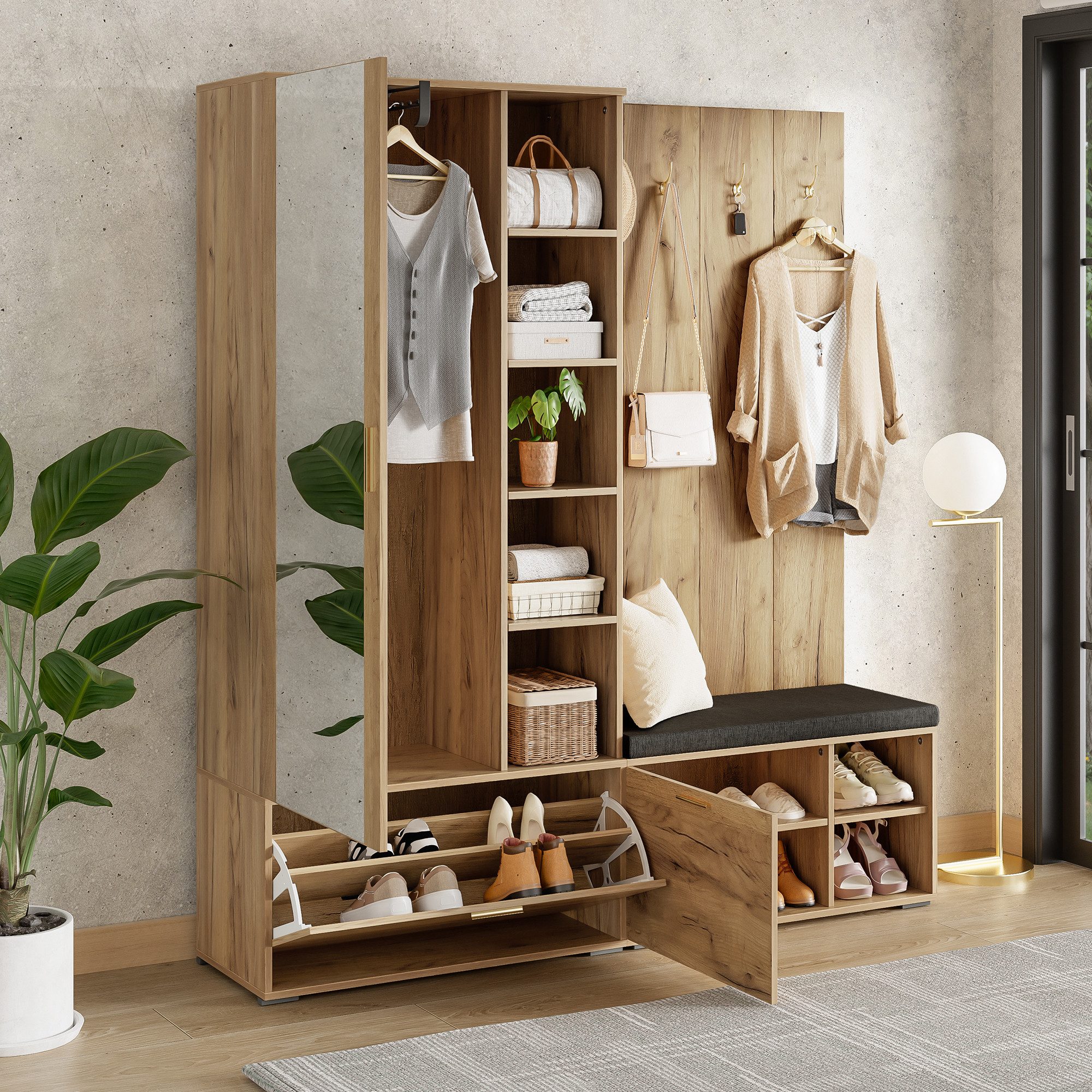 Merax Garderoben-Set Garderobenset, Schuhschrank mit Klappen, Sitzbank, (1-St., Kleiderschrank mit ausziehbarer Kleiderstange, 4 Haken, Spiegel), Garderobenständer