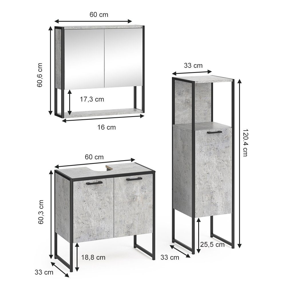 FYRK Vicco (3-St., Set 2, Beton Badmöbel-Set 3er-Set) Loft-Badezimmerset