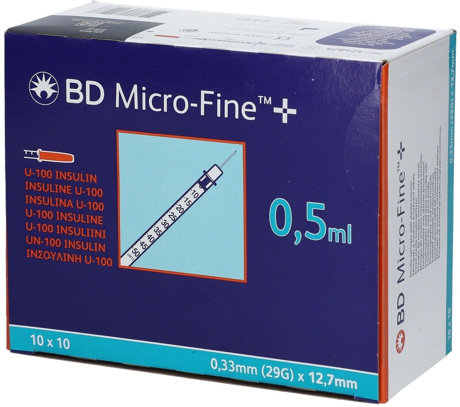 DocMed Feindosierspritze BD Micro-Fine+ Insulinspritze 0,5 ml U100 0,33x12,7mm, (Spar-Set, Weltweiter Bestseller, 100-St., Steril verpackt), latexfrei