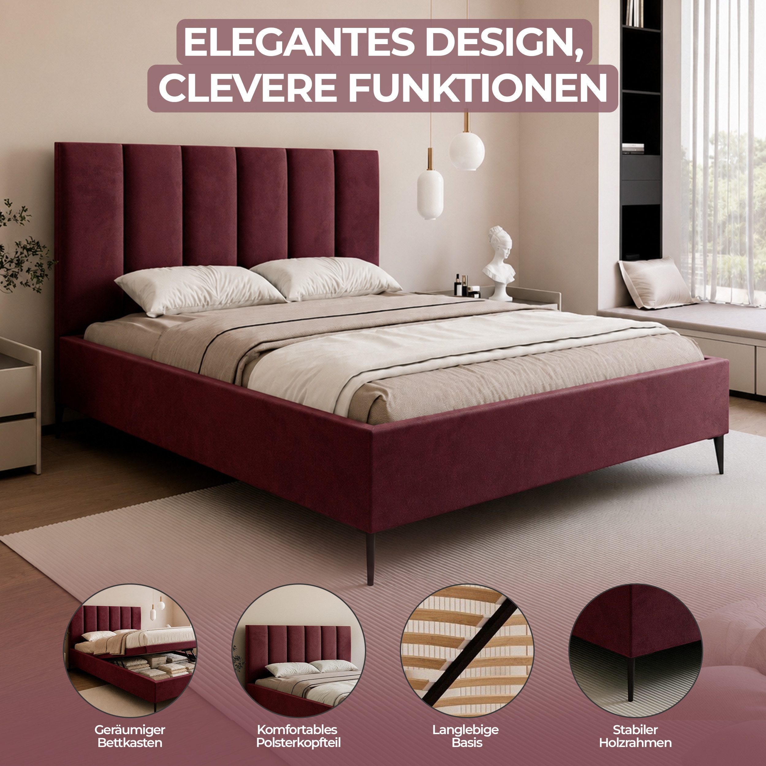 Goldstoff Polsterbett Modernes Bett "GERMAIN" mit hohem Kopfteil und integriertem Bettkasten (120–200x200 cm, Kopfteilhöhe: 90/110 cm, Seitenhöhe: 25/40 cm), Elegantes Bett mit Stauraum und wählbarer Kopfteilhöhe