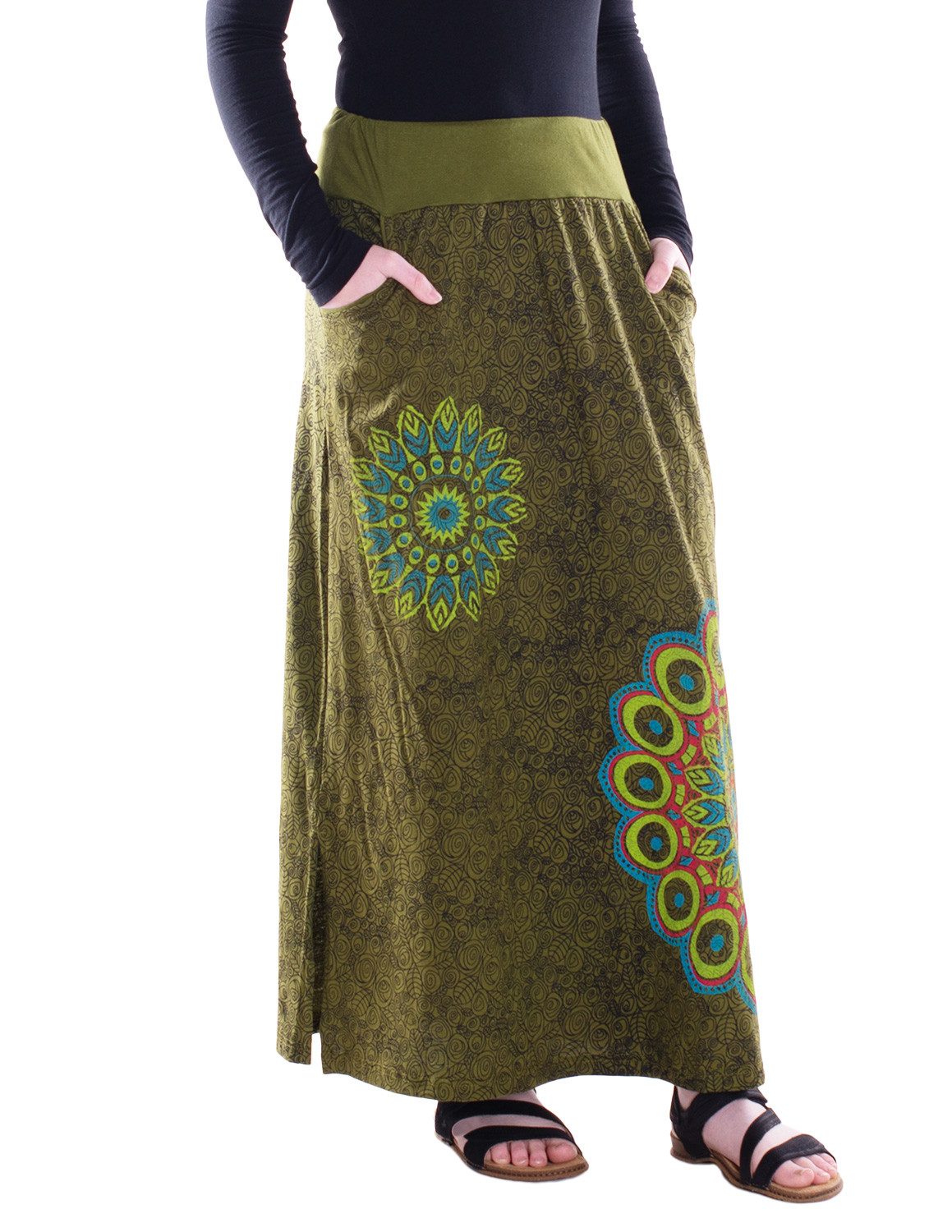 Maxirock Damen Maxi-Rock Baumwolle Blumen-Muster elastischer Bund mit Kordel-Zu