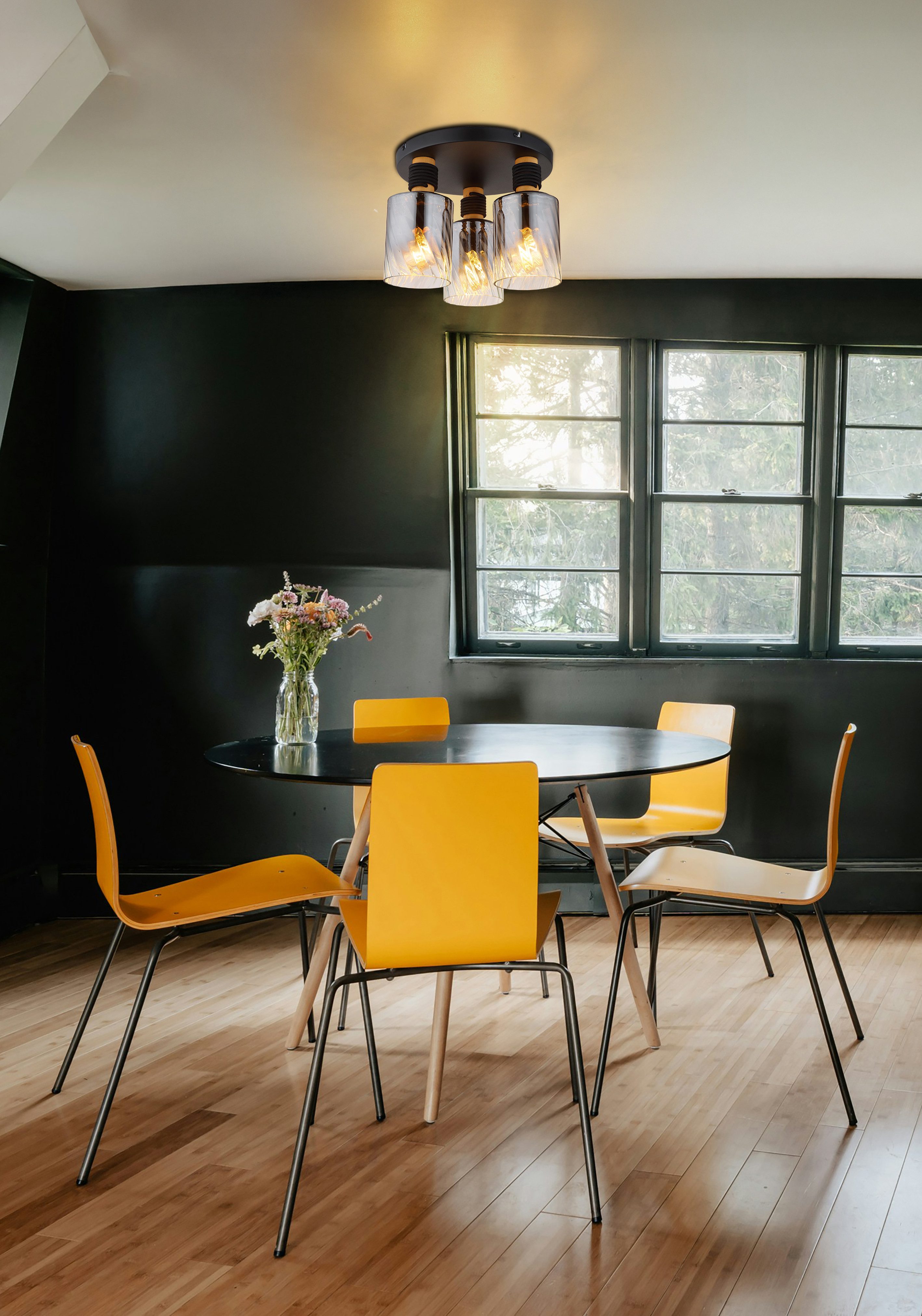 GLOBO LIGHTING Deckenleuchte DECKENLEUCHTE METALL, ohne Leuchtmittel, Deckenleuchte Schwarz/Holz, Rauchglas klar, E27