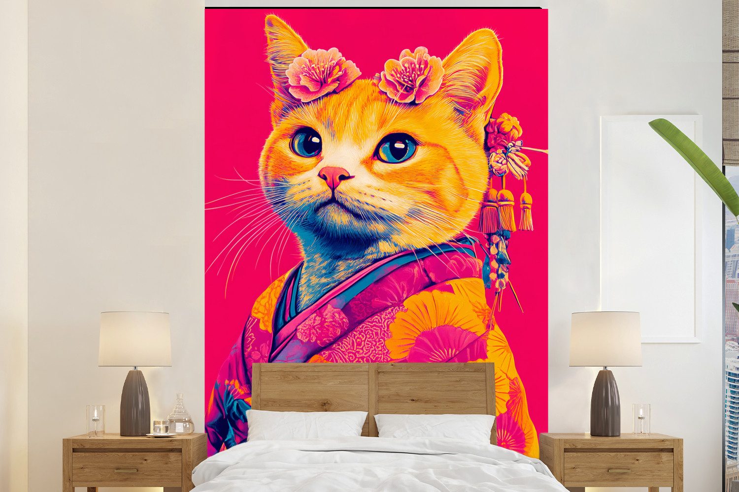 MuchoWow Fototapete Katze - Kimono - Blumen - Rosa, Matt, bedruckt, Montagefertig Vinyl Tapete, Wandtapete, 170x260 cm