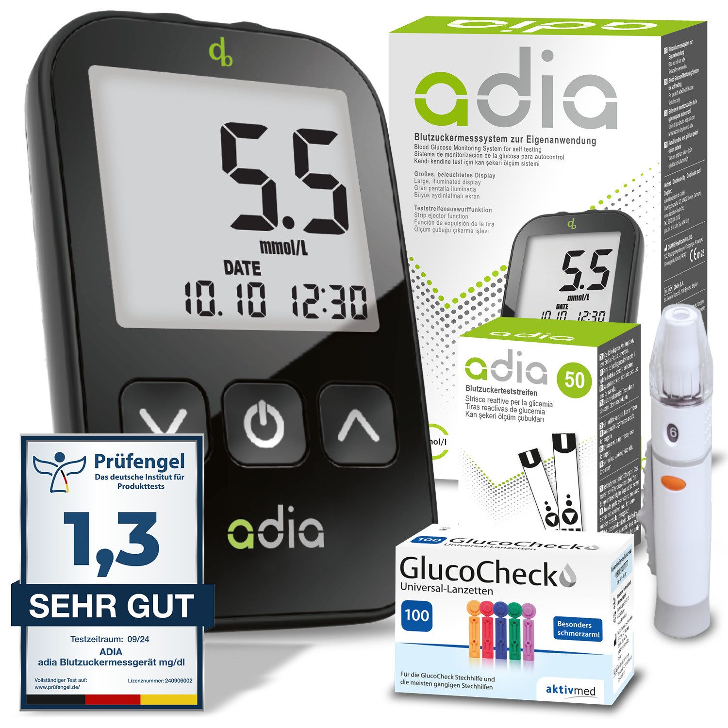 ADIA Blutzuckermessgerät adia Blutzuckermessgerät Set + 60 Teststreifen + 110 Lanzetten mmol/l