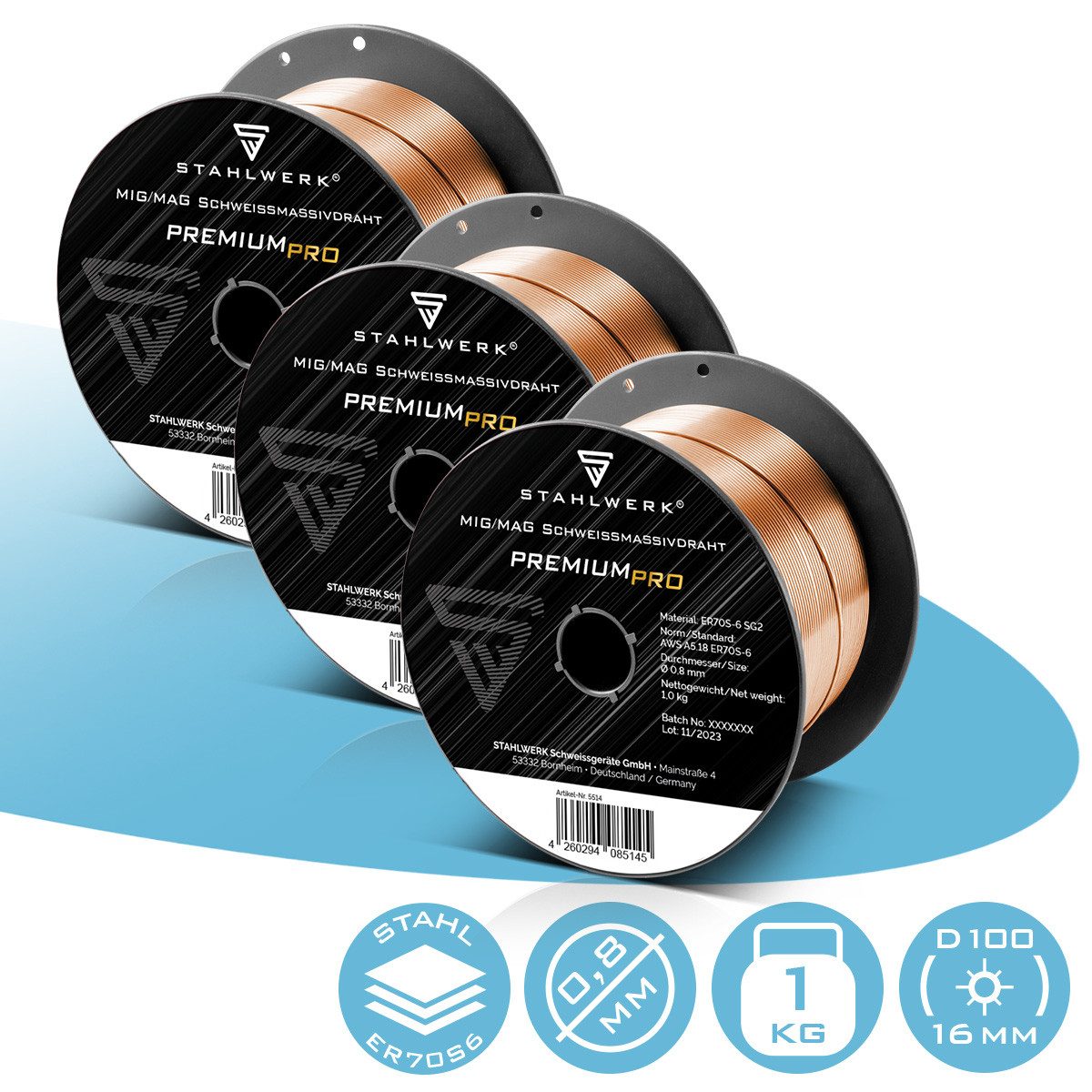 STAHLWERK Schweißdraht 3 x 0,8 mm MIG MAG ER70S-6 SG3 D100 Drahtrolle 1kg, (Packung), hohe chemische Reinheit für beste Schweißergebnisse
