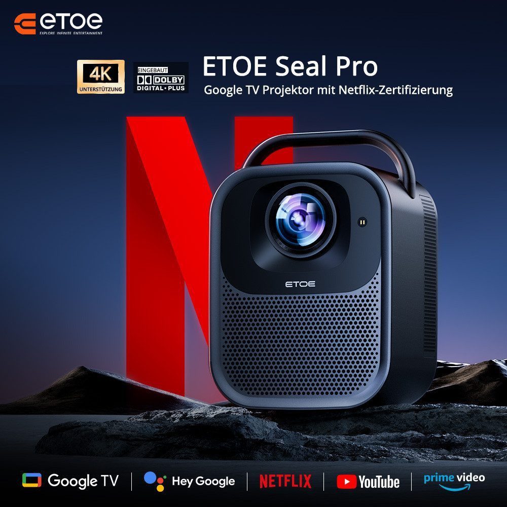 ETOE Seal Pro 1300 ANSI, Native 1080P Google TV & Netflix Beamer (3000:1, 1920*1080 px, Autofokus, Automatische Trapezkorrektur)