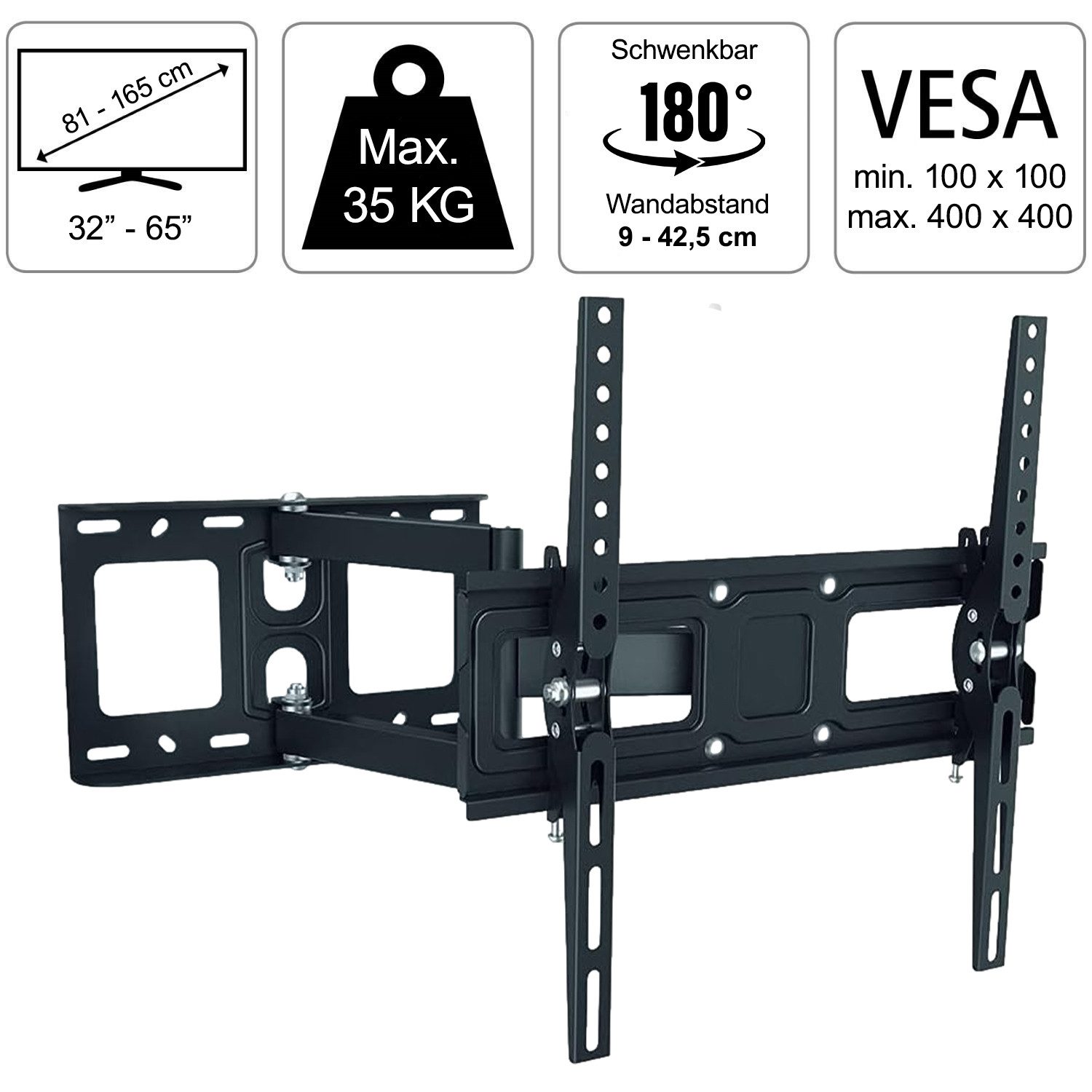Hama Monitor-Halterung FULLMOTION 180° TV Wandhalterung 32" bis 65", (Wand-Halter Schwenkbar VESA-Formate bis 400x400 Monitor 32" - 65" Zoll)
