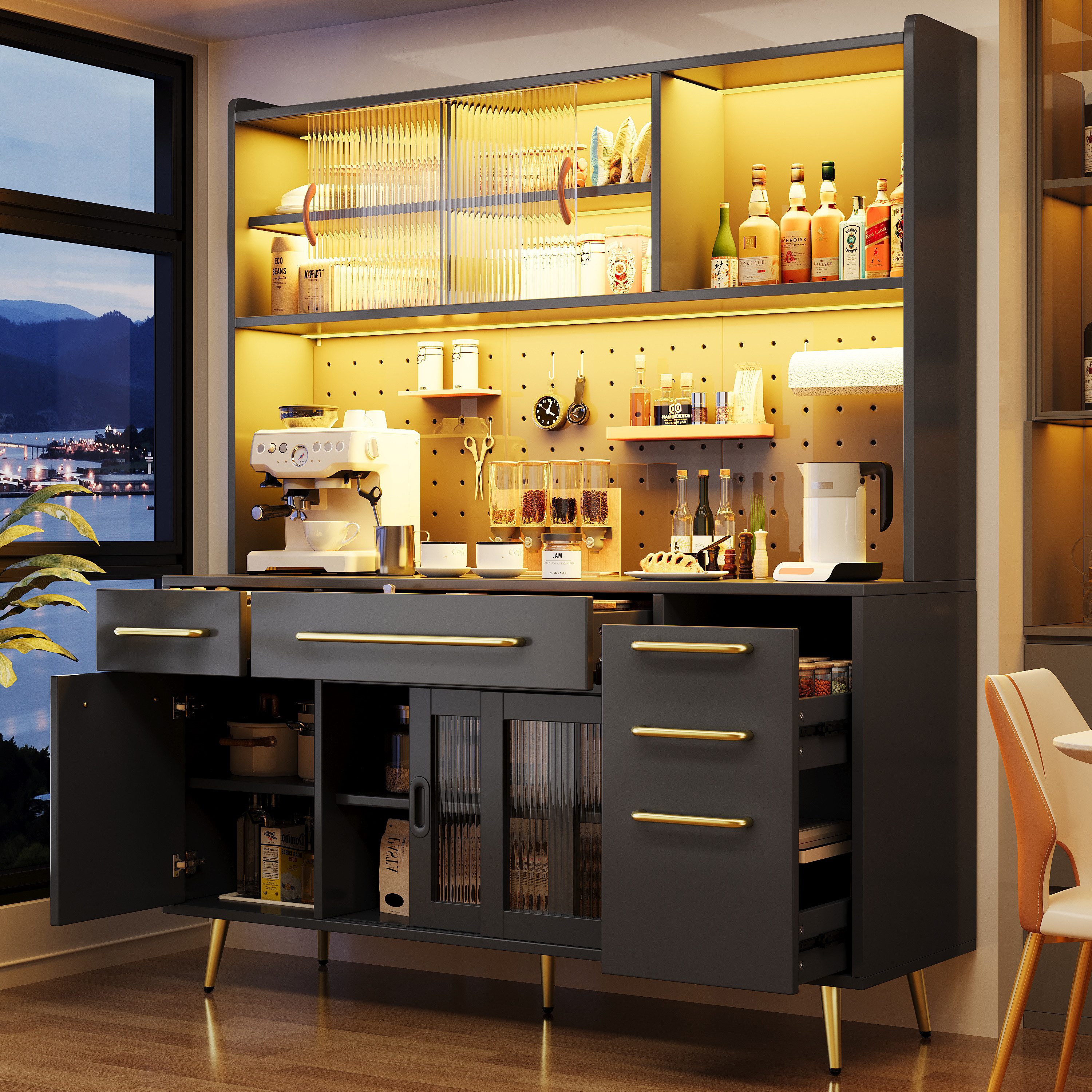 Odikalo Küchenbuffet Küchenschrank Buffetschrank mit LED & großer Stauraum (mit LED-Beleuchtung,Hochschrank für Küche & Wohnzimmer, Aufbewahrungsschrank mit Lochwand, Schublade & Glasböden)