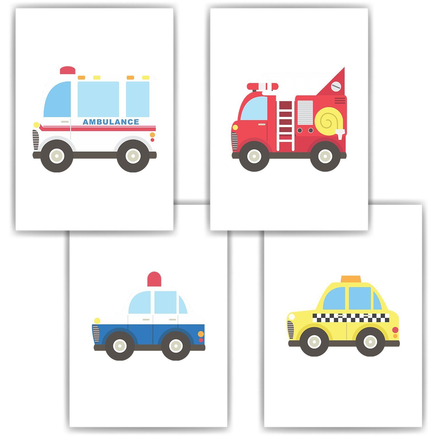 Tigerlino Poster Krankenwagen Feuerwehr Polizei Taxi Autos 4er Set Kinderzimmer Bilder