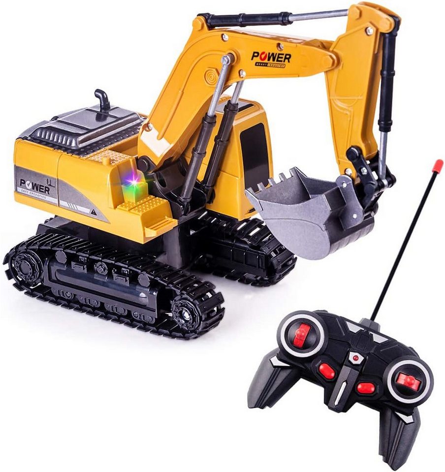 Highttoy RC-Bagger Ferngesteuerter RC Bagger 1:24 mit Sound, LED Licht & Akku Baufahrzeug (RC-Baufahrzeug-Set mit Zubehör, 1 × RC-Bagger mit Fernsteuerung und Akku, 1 × USB-Ladekabel), Ferngesteuerter Bagger mit LED, Sound und Auto-Demo-Funktion