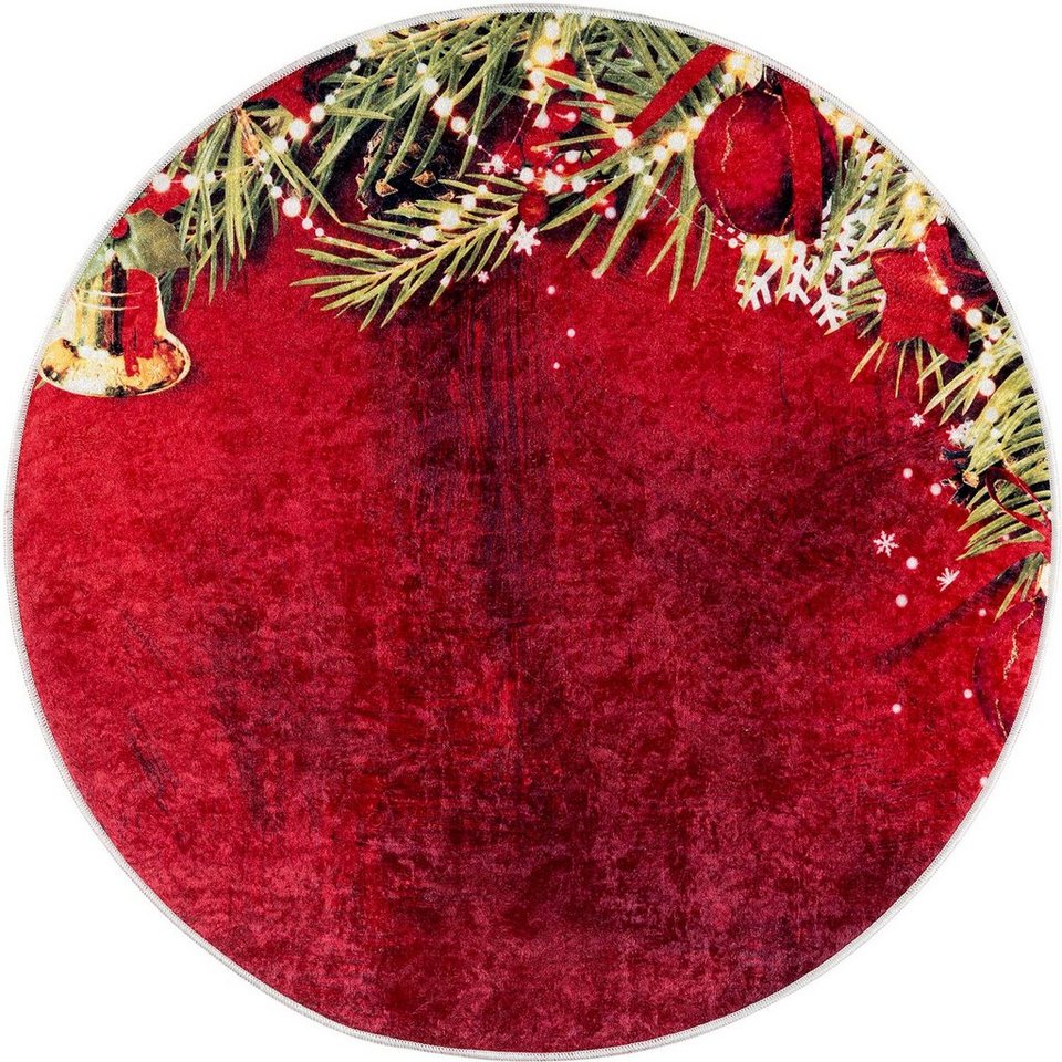 Teppich Christmas 1225, Sehrazat, rund, Höhe: 5 mm, Weihnachten, waschbar, Unterlage  Weihnachtsbaum