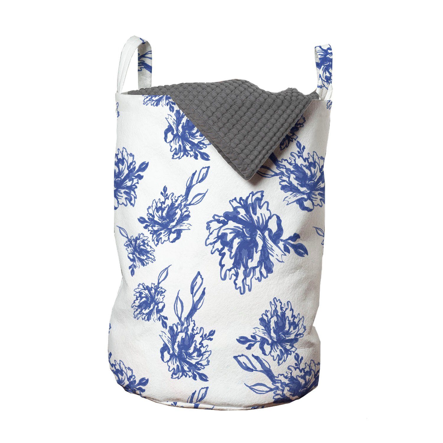 Wäschesäckchen für Waschsalons, Blaue Kordelzugverschluss Wäschekorb mit Griffen Abakuhaus Pfingstrosen-Blüten-Kunst Blumen