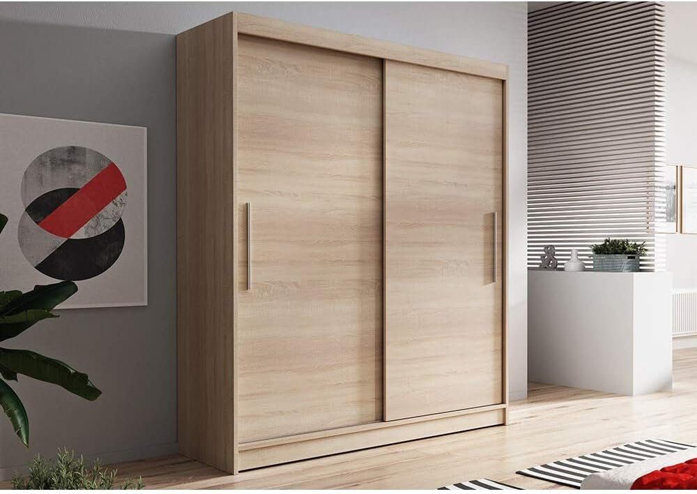 Modern Sonoma und 04 LARA Schrank 150x200x61 Schlafzimmer-Wohnzimmerschrank Einlegeböden cm (Schwebetürenschrank Kleiderstange, Gaderobe Schiebtüren 2-türig MOEBLO vielen mit Kleiderschrank Design) (BxHxT):