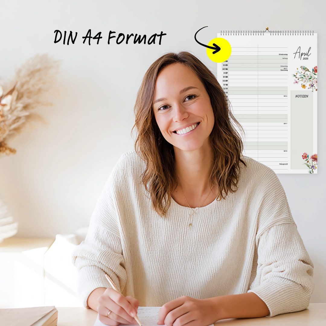 heaven+paper Jahresplaner A4 Wandkalender 2 Spalten WILDFLOWER 2026, hochwertig, Hergestellt in Deutschland