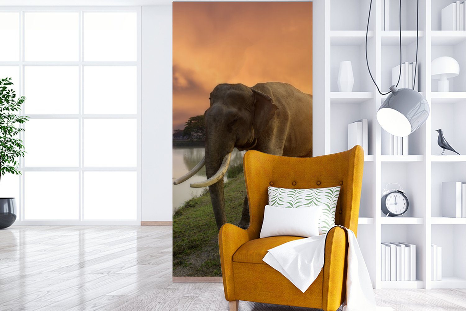 Wasser St), - Küche, - Fototapete für (2 Wohnzimmer bedruckt, Schlafzimmer MuchoWow Elefant - Matt, Sonnenuntergang - Vliestapete Natur, Tiere Fototapete